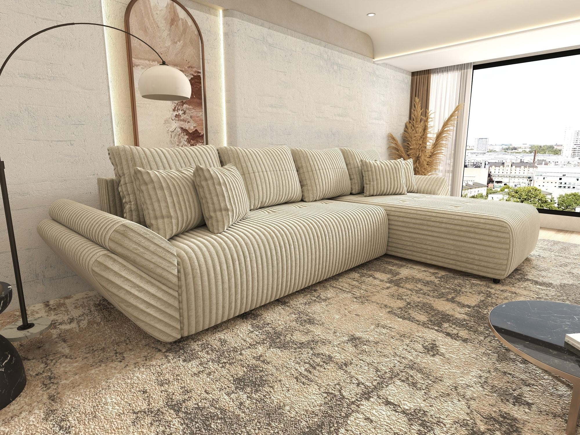 Colțar extensibil dumonde cu ladă de depozitare si sezut confortabil din spuma high-density, Berlin XL Tilia Bej 08 II 350x185 cm