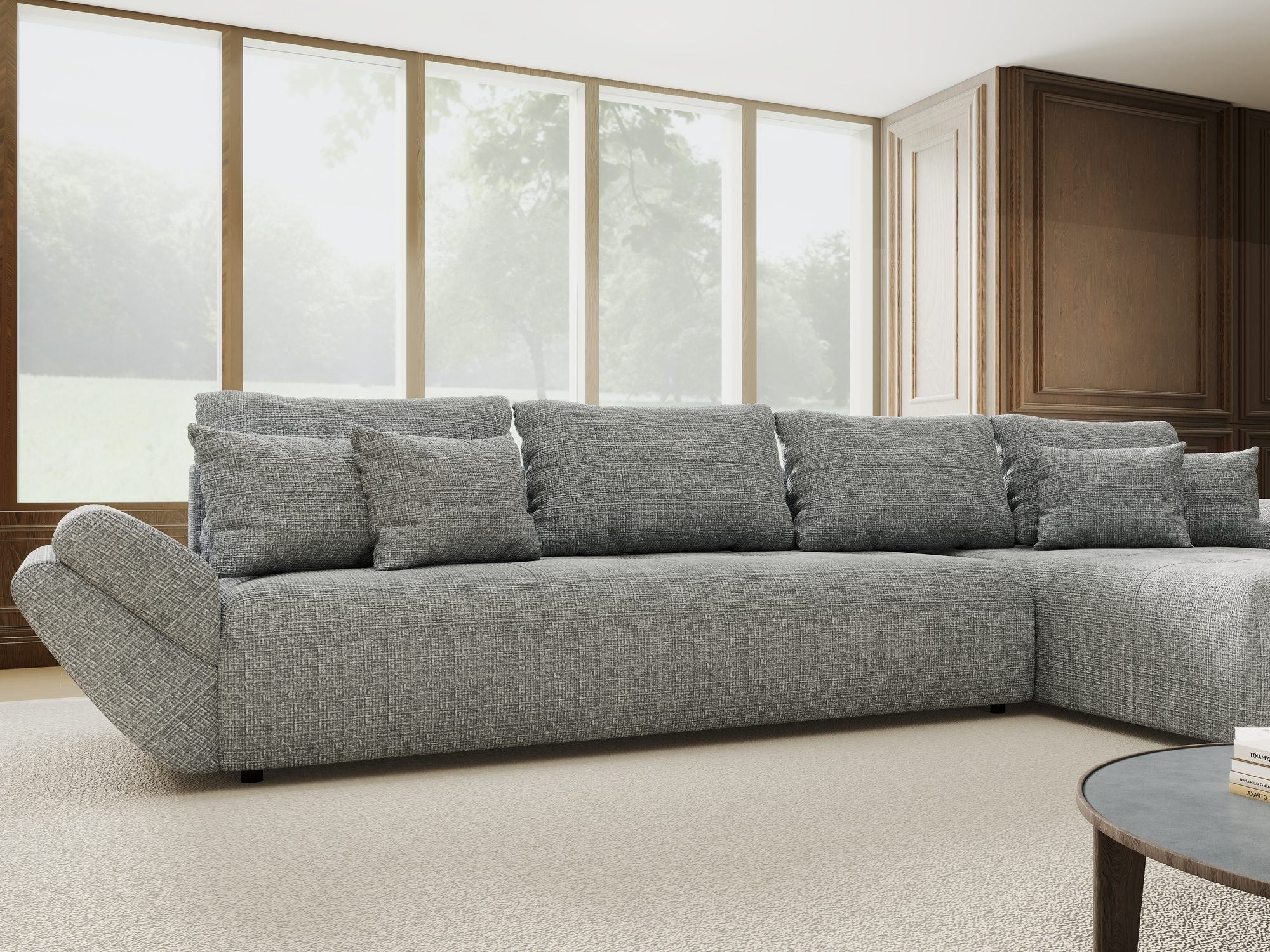 Colțar extensibil dumonde cu ladă de depozitare si sezut confortabil din spuma high-density, Berlin XL Cremona Gri 85 II 350x185 cm