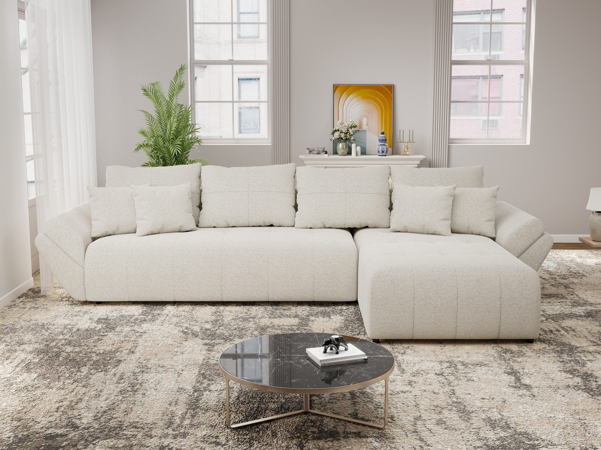 Colțar extensibil dumonde cu ladă de depozitare si sezut confortabil din spuma high-density, Berlin XL Monte Bej 03 II 350x185 cm