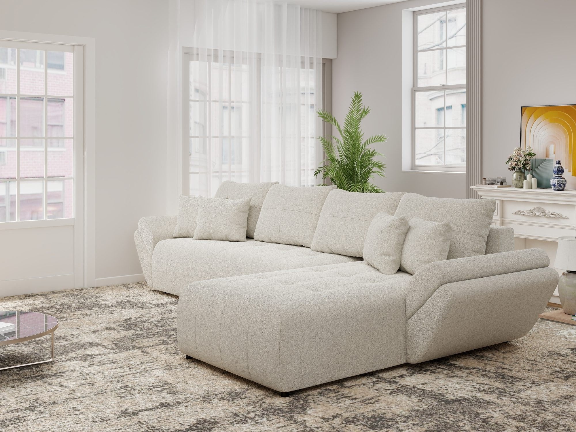 Colțar extensibil dumonde cu ladă de depozitare si sezut confortabil din spuma high-density, Berlin XL Monte Bej 03 II 350x185 cm