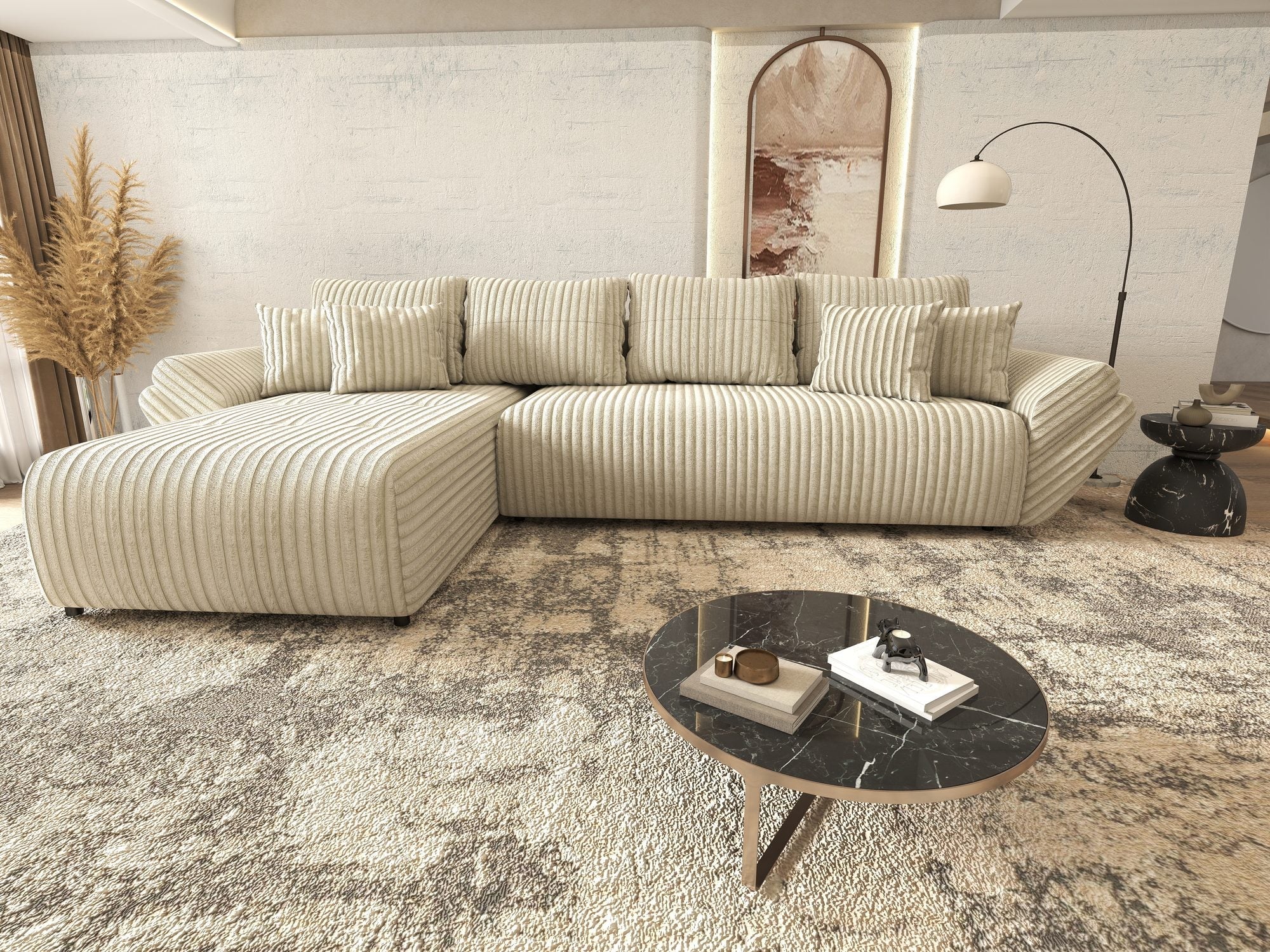 Colțar extensibil dumonde cu ladă de depozitare si sezut confortabil din spuma high-density, Berlin XL Tilia Bej 08 350x185 cm