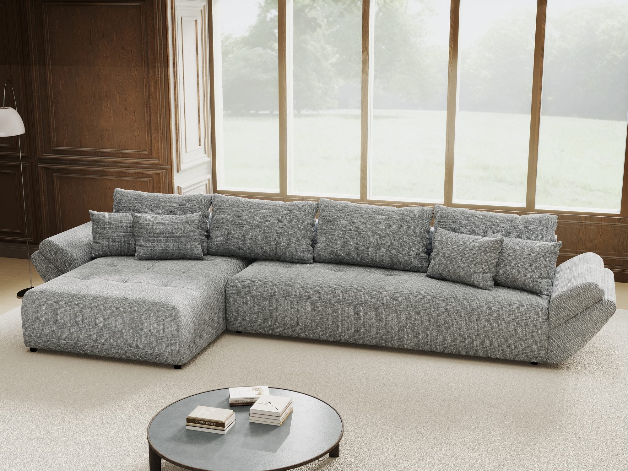 Colțar extensibil dumonde cu ladă de depozitare si sezut confortabil din spuma high-density, Berlin XL Cremona Gri 85 350x185 cm