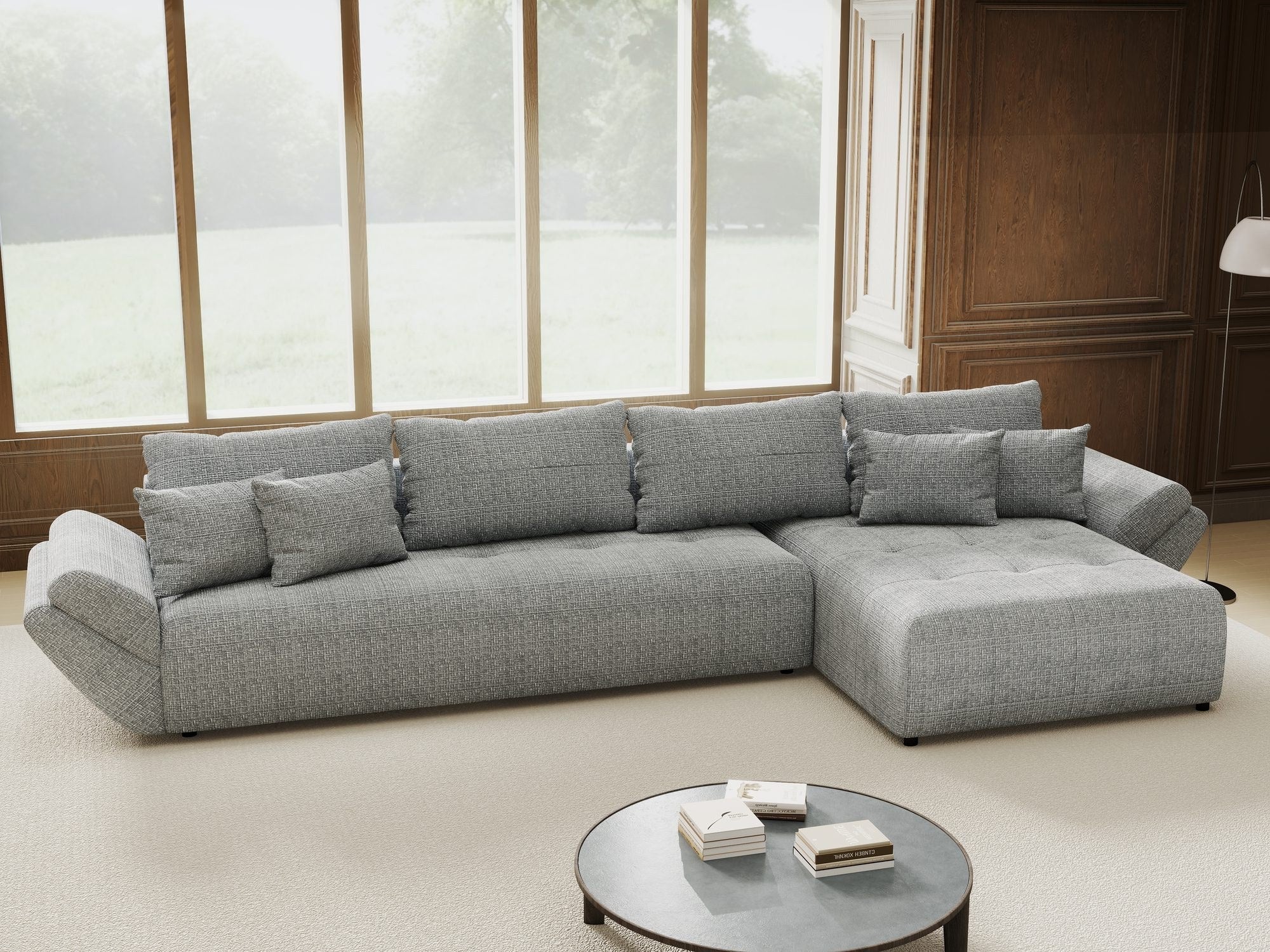 Colțar extensibil dumonde cu ladă de depozitare si sezut confortabil din spuma high-density, Berlin XL Cremona Gri 85 II 350x185 cm