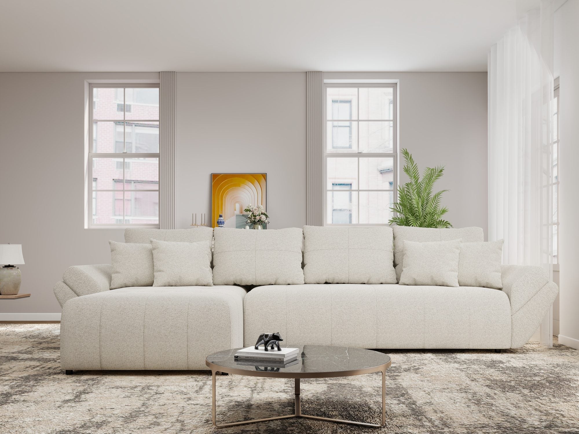 Colțar extensibil dumonde cu ladă de depozitare si sezut confortabil din spuma high-density, Berlin XL Monte Bej 03 350x185 cm