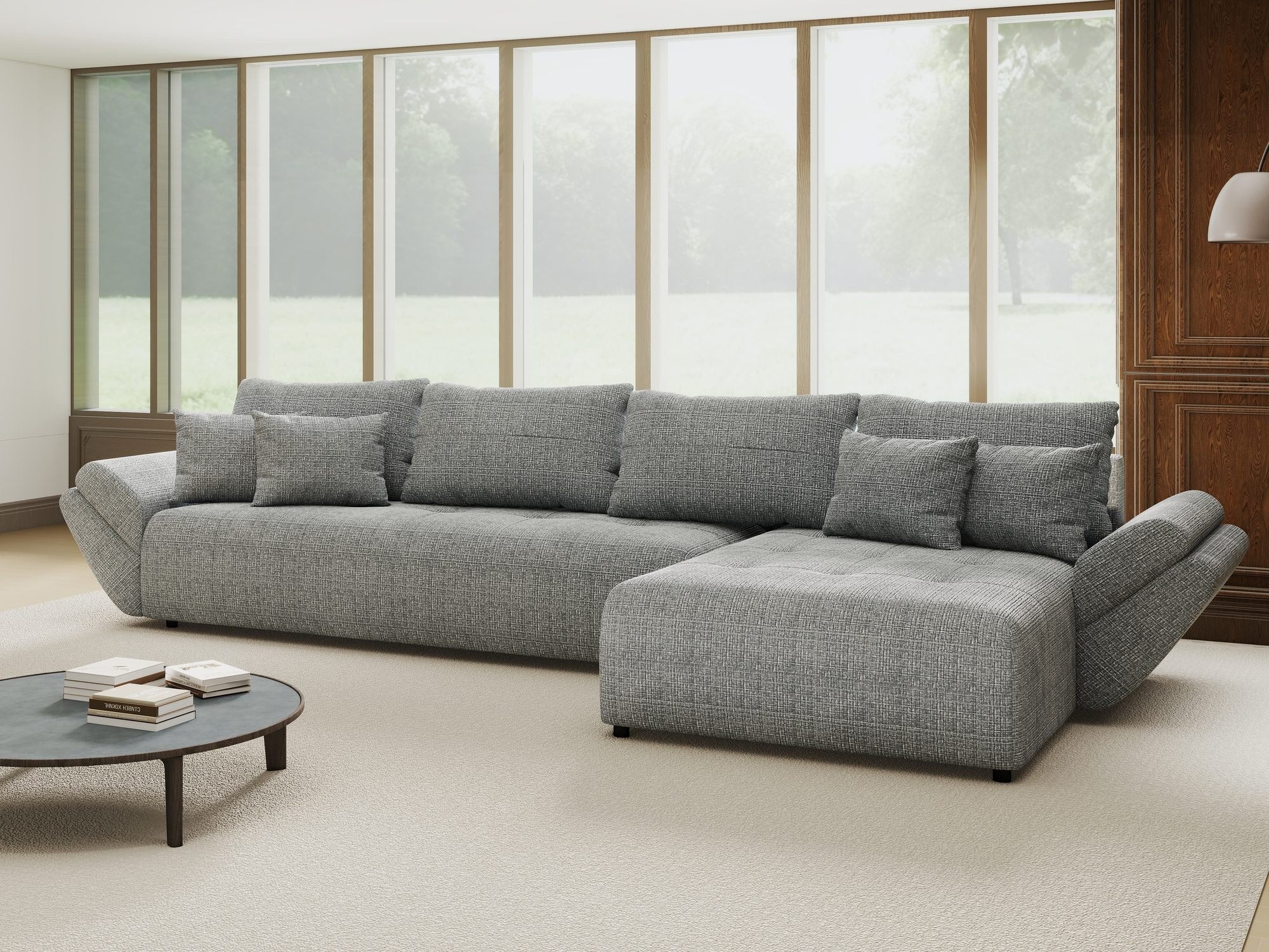 Colțar extensibil dumonde cu ladă de depozitare si sezut confortabil din spuma high-density, Berlin XL Cremona Gri 85 II 350x185 cm