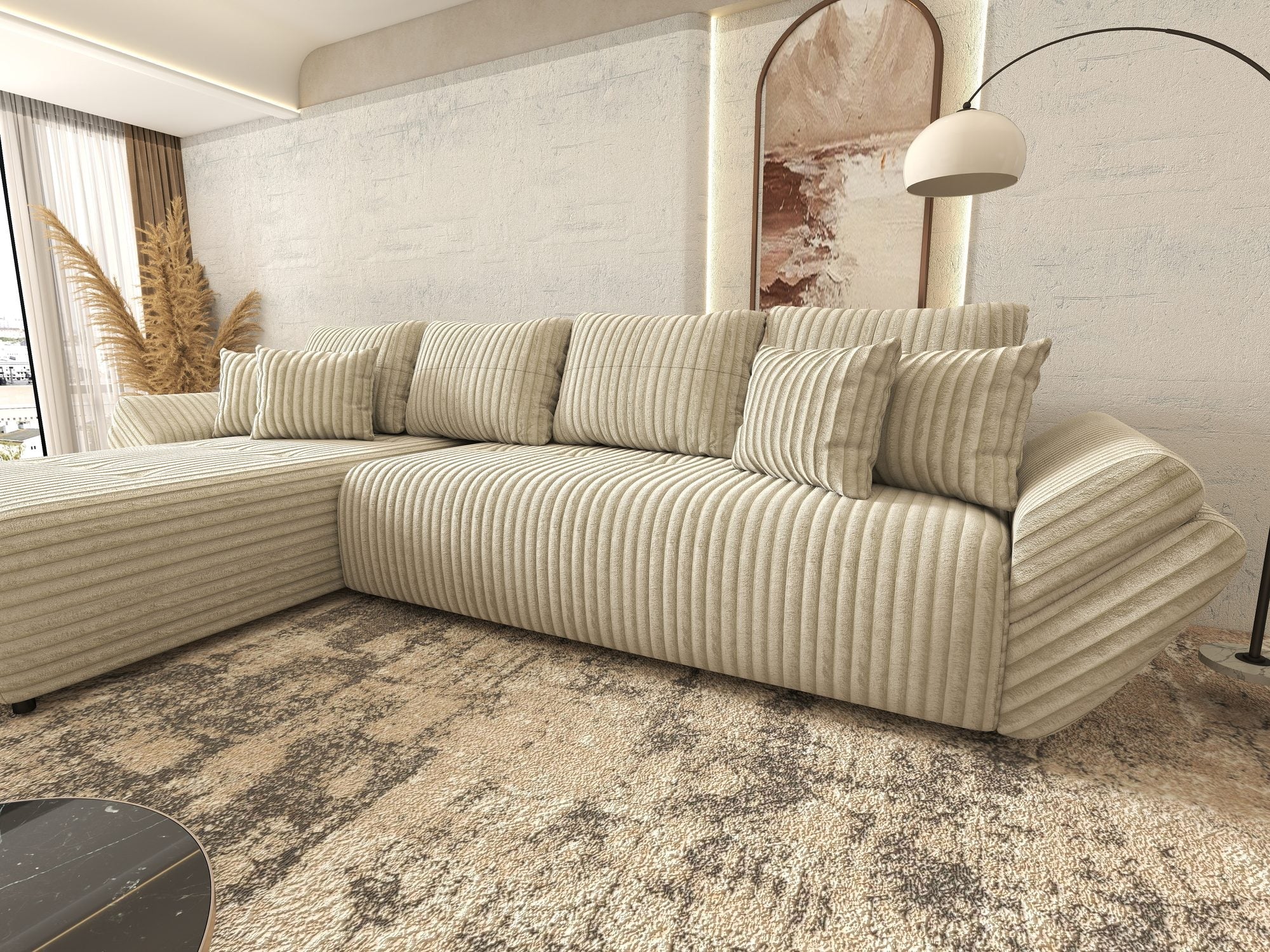 Colțar extensibil dumonde cu ladă de depozitare si sezut confortabil din spuma high-density, Berlin XL Tilia Bej 08 350x185 cm