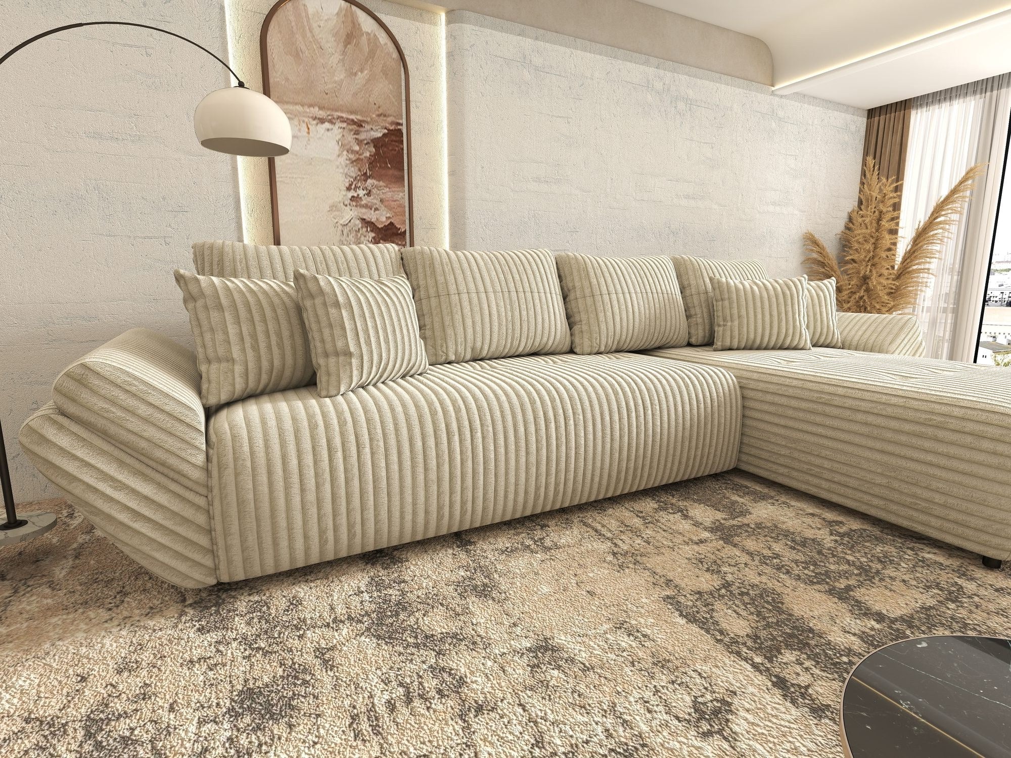 Colțar extensibil dumonde cu ladă de depozitare si sezut confortabil din spuma high-density, Berlin XL Tilia Bej 08 II 350x185 cm