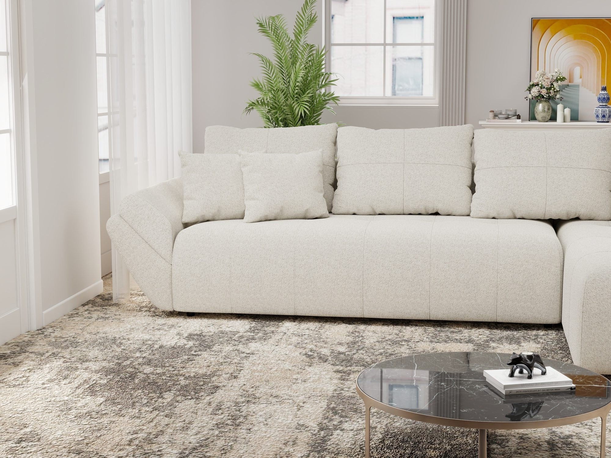 Colțar extensibil dumonde cu ladă de depozitare si sezut confortabil din spuma high-density, Berlin XL Monte Bej 03 II 350x185 cm