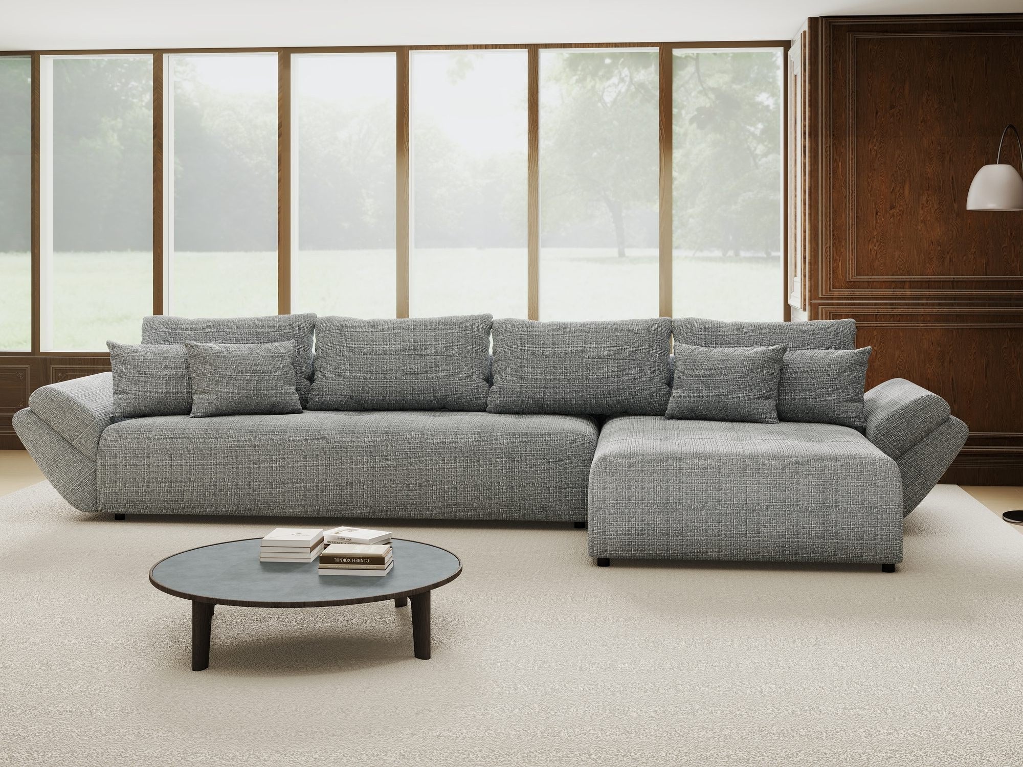 Colțar extensibil dumonde cu ladă de depozitare si sezut confortabil din spuma high-density, Berlin XL Cremona Gri 85 II 350x185 cm