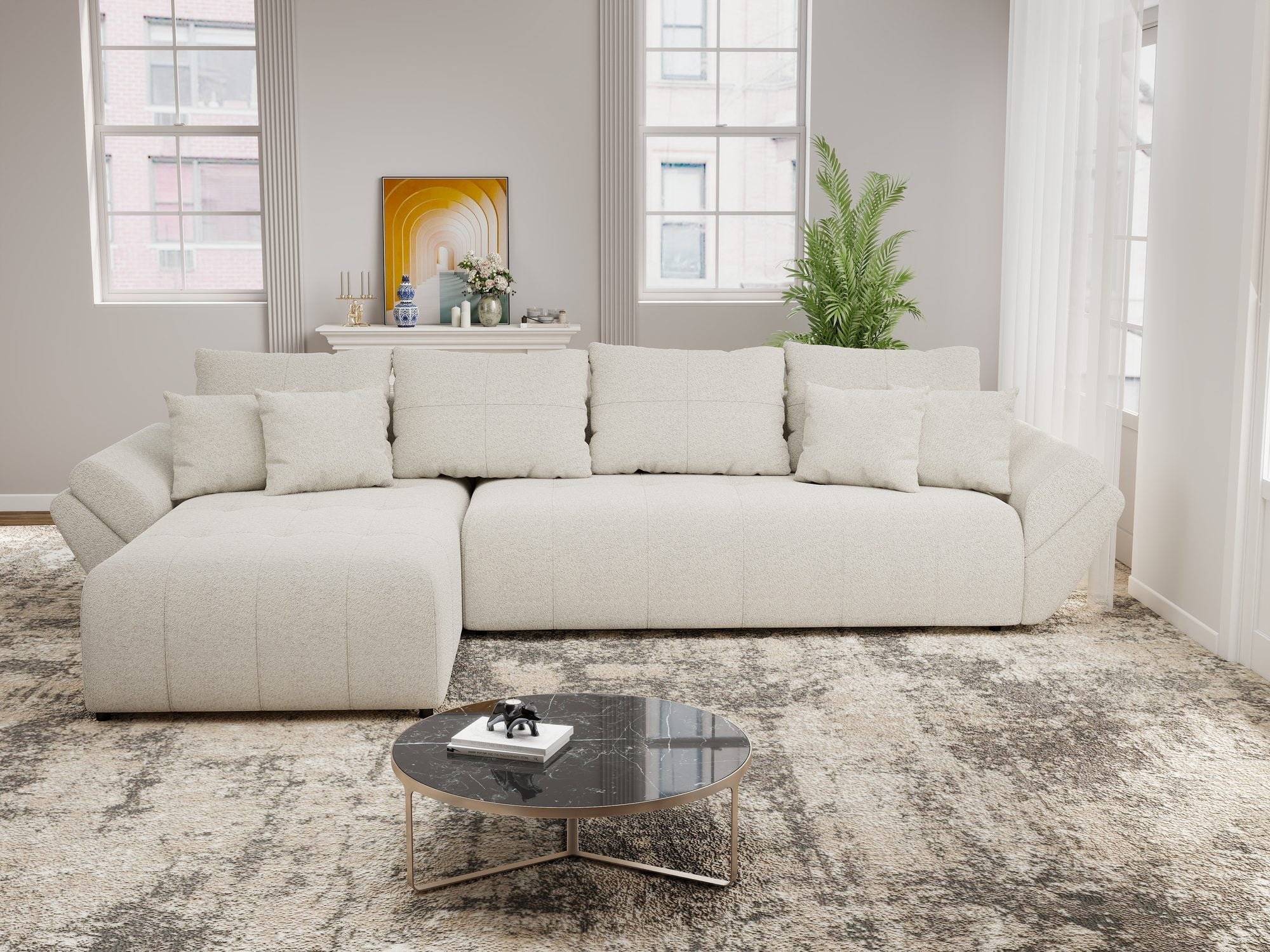 Colțar extensibil dumonde cu ladă de depozitare si sezut confortabil din spuma high-density, Berlin XL Monte Bej 03 350x185 cm