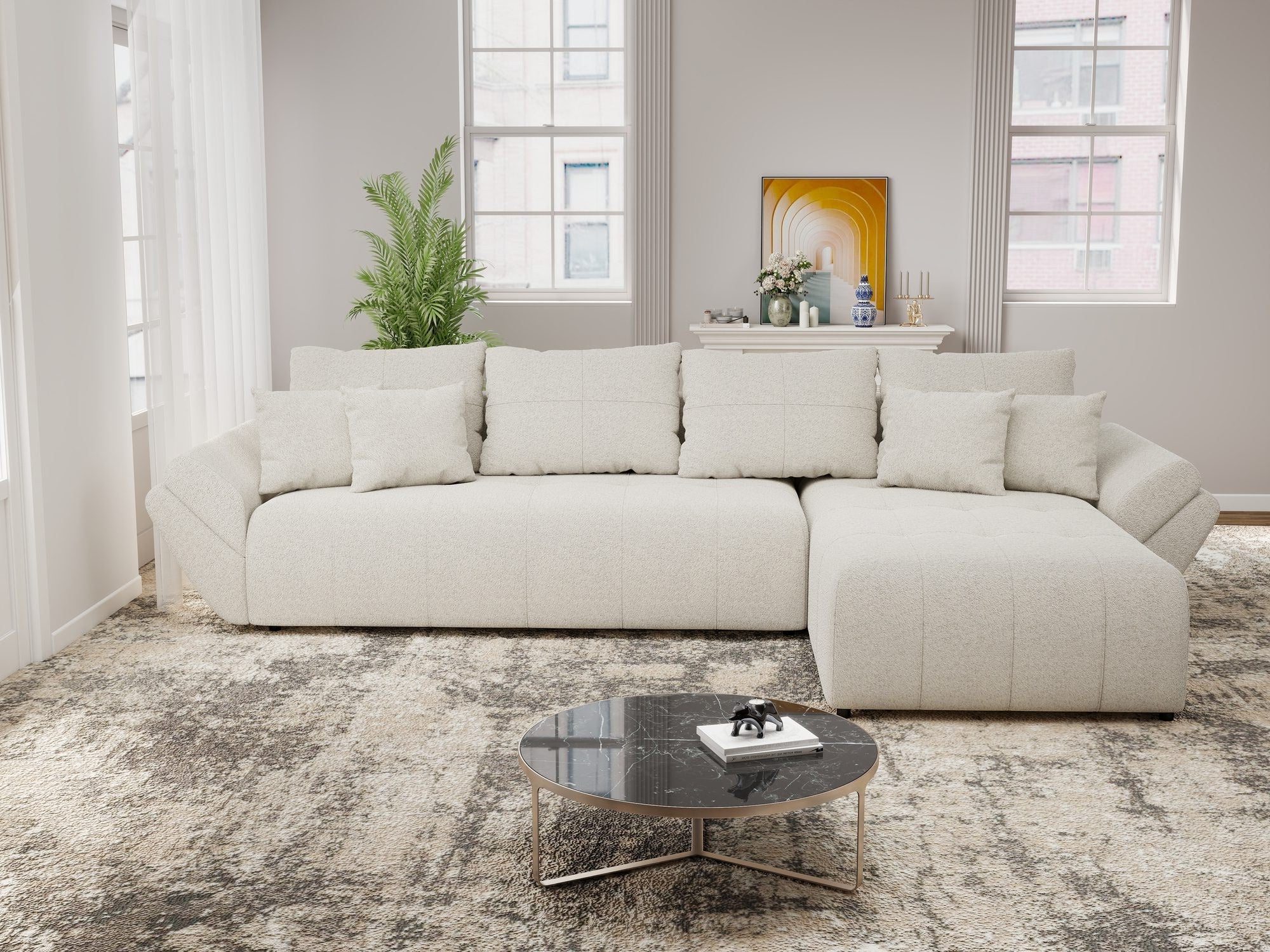 Colțar extensibil dumonde cu ladă de depozitare si sezut confortabil din spuma high-density, Berlin XL Monte Bej 03 II 350x185 cm