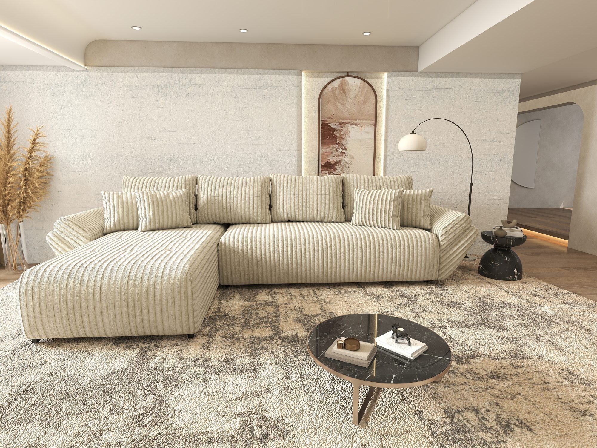 Colțar extensibil dumonde cu ladă de depozitare si sezut confortabil din spuma high-density, Berlin XL Tilia Bej 08 350x185 cm