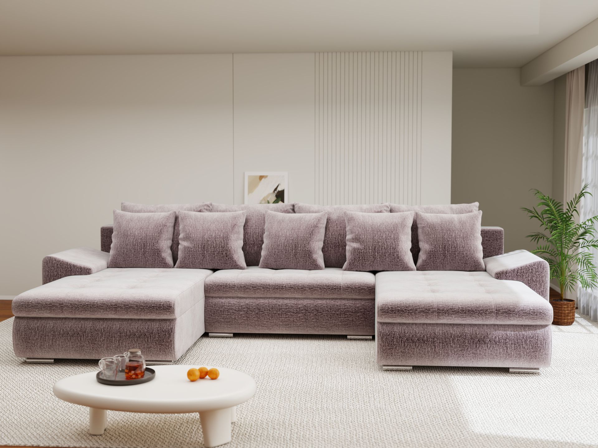 Colțar extensibil dumonde cu ladă de depozitare si sezut confortabil din spuma high-density, Leonardo U Monolith Roz Pudrat 62 360x185 cm