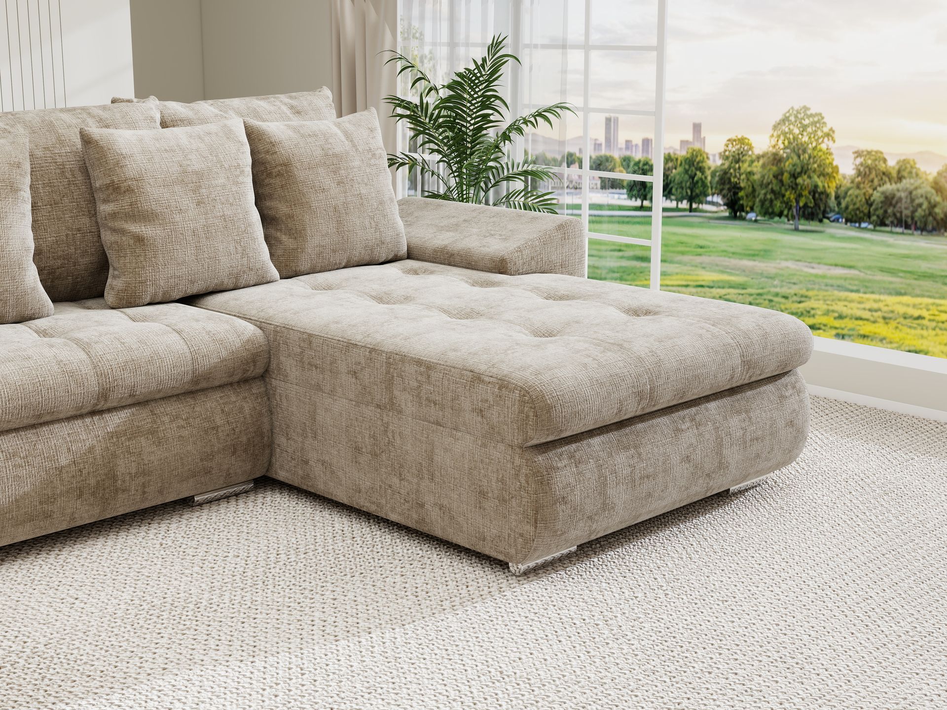Colțar extensibil dumonde cu ladă de depozitare si sezut confortabil din spuma high-density, Leonardo U Cremona Bej 14 360x185 cm