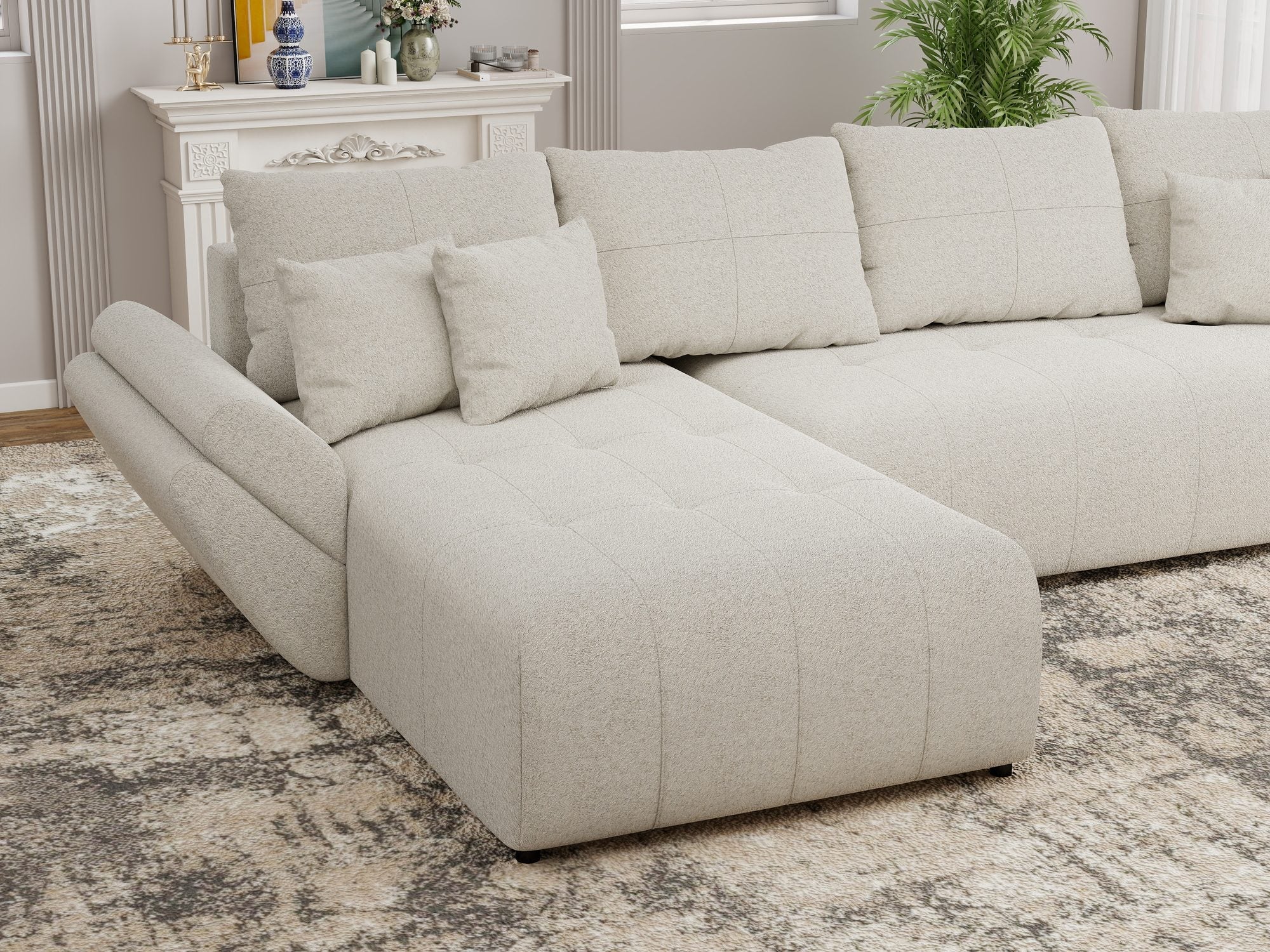 Colțar extensibil dumonde cu ladă de depozitare si sezut confortabil din spuma high-density, Berlin XL Monte Bej 03 350x185 cm