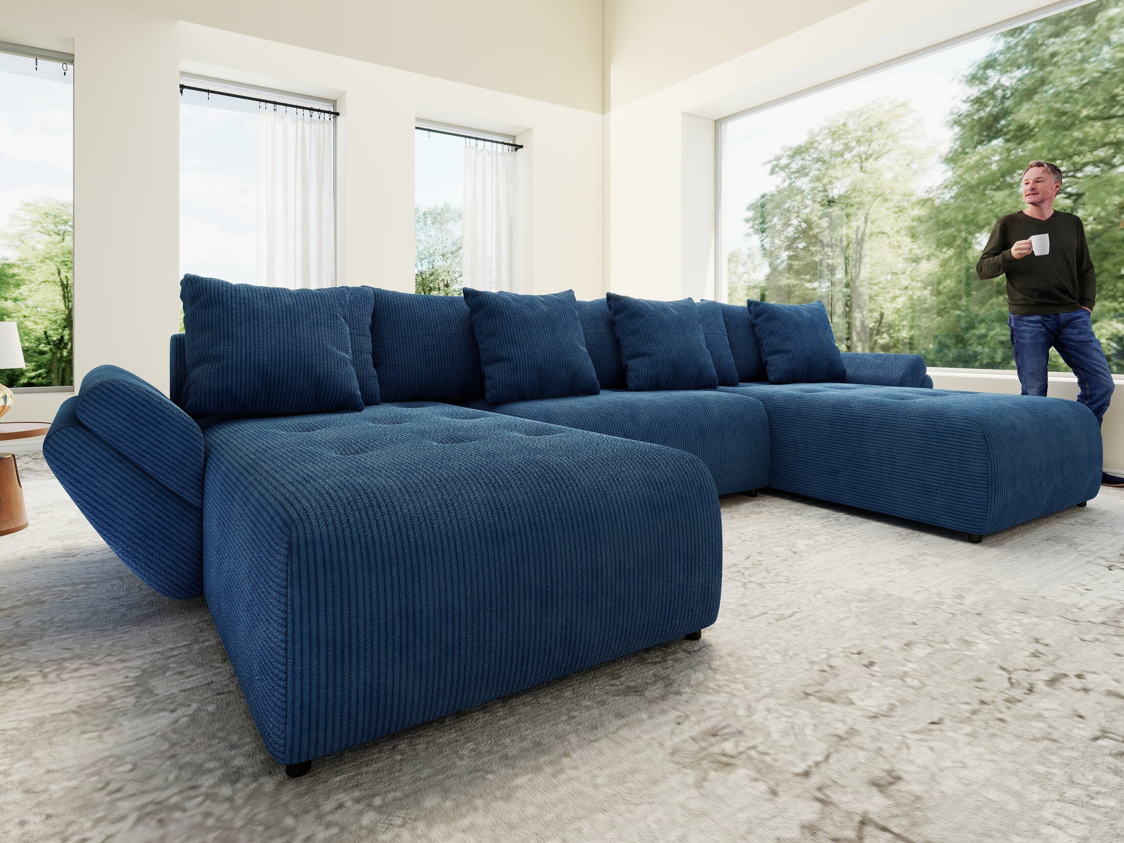 Colțar extensibil dumonde cu ladă de depozitare si sezut confortabil din spuma high-density, Berlin U Zoom Blue 400x185 cm
