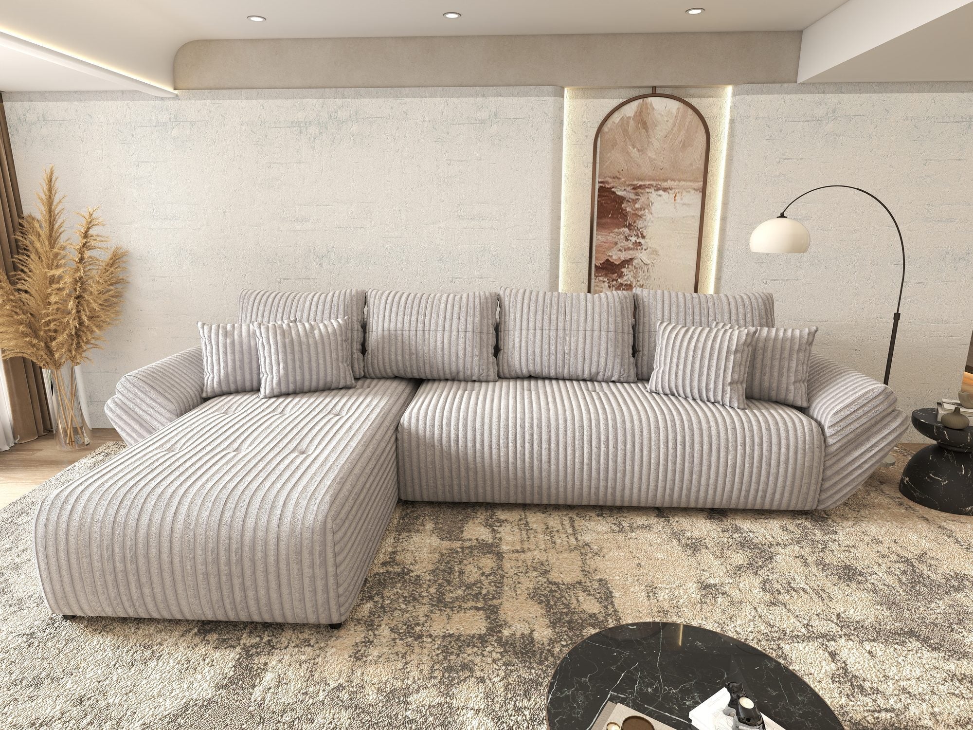Colțar extensibil dumonde cu ladă de depozitare si sezut confortabil din spuma high-density, Berlin XL Tilia Gri 86 350x185 cm