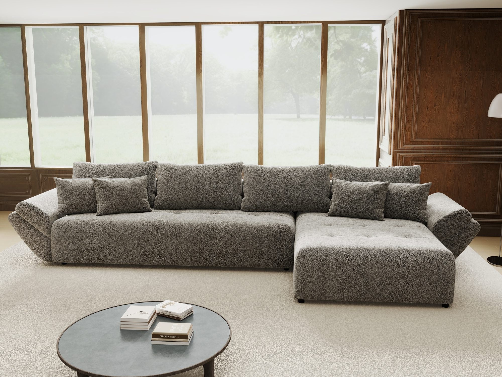 Colțar extensibil dumonde cu ladă de depozitare si sezut confortabil din spuma high-density, Berlin XL Arena Gri Grafit 18 II 350x185 cm