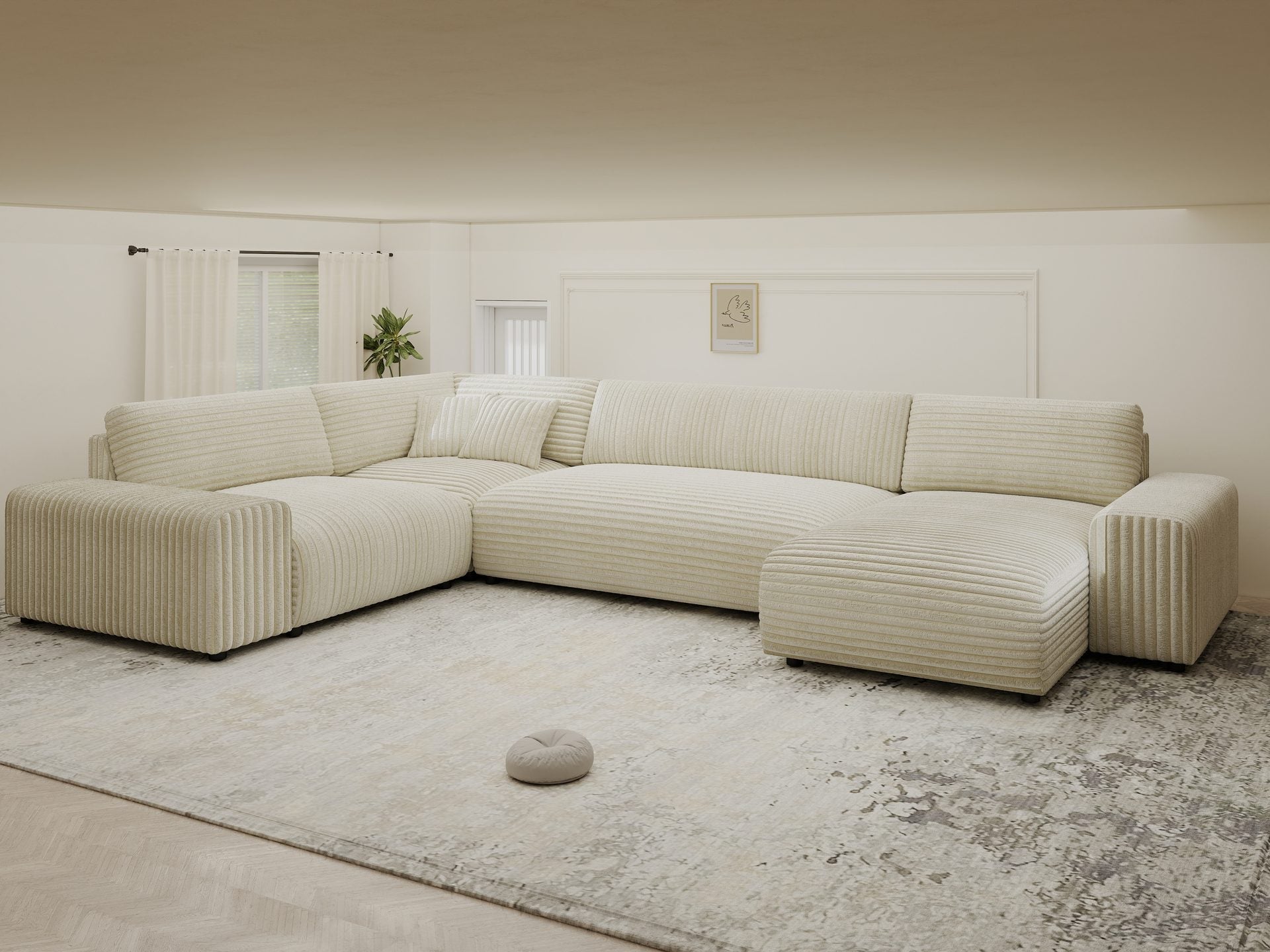 Dumonde kihúzható sarokkanapé tárolórekesszel és kényelmes, nagy sűrűségű habszivacs ülőfelülettel, Justin Tilia bej 374x224 cm