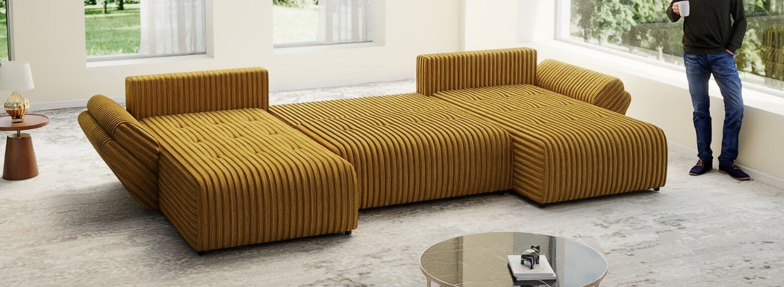 Colțar extensibil dumonde cu ladă de depozitare si sezut confortabil din spuma high-density, Berlin U Ambiance Mustar 400x185 cm