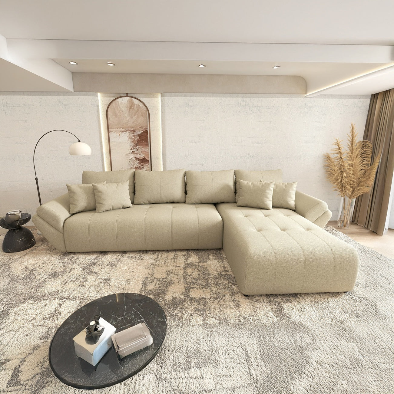 Colțar extensibil dumonde cu ladă de depozitare si sezut confortabil din spuma high-density, Berlin XL Enjoy Camel 350x185 cm II