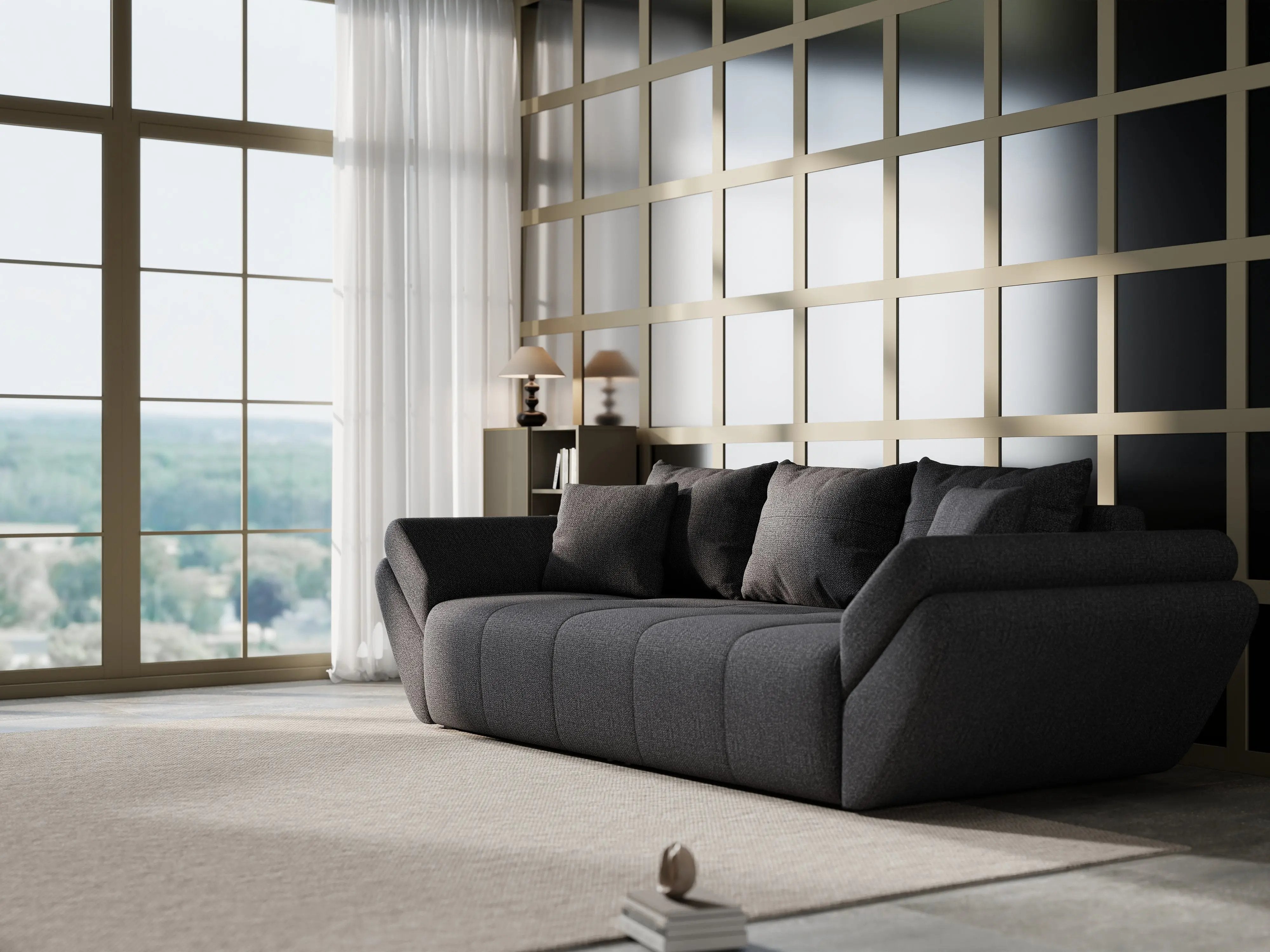 Canapea extensibilă dumonde cu ladă de depozitare si sezut confortabil din spuma HR, Berlin Enjoy Graphite 250x100 cm Fabrica