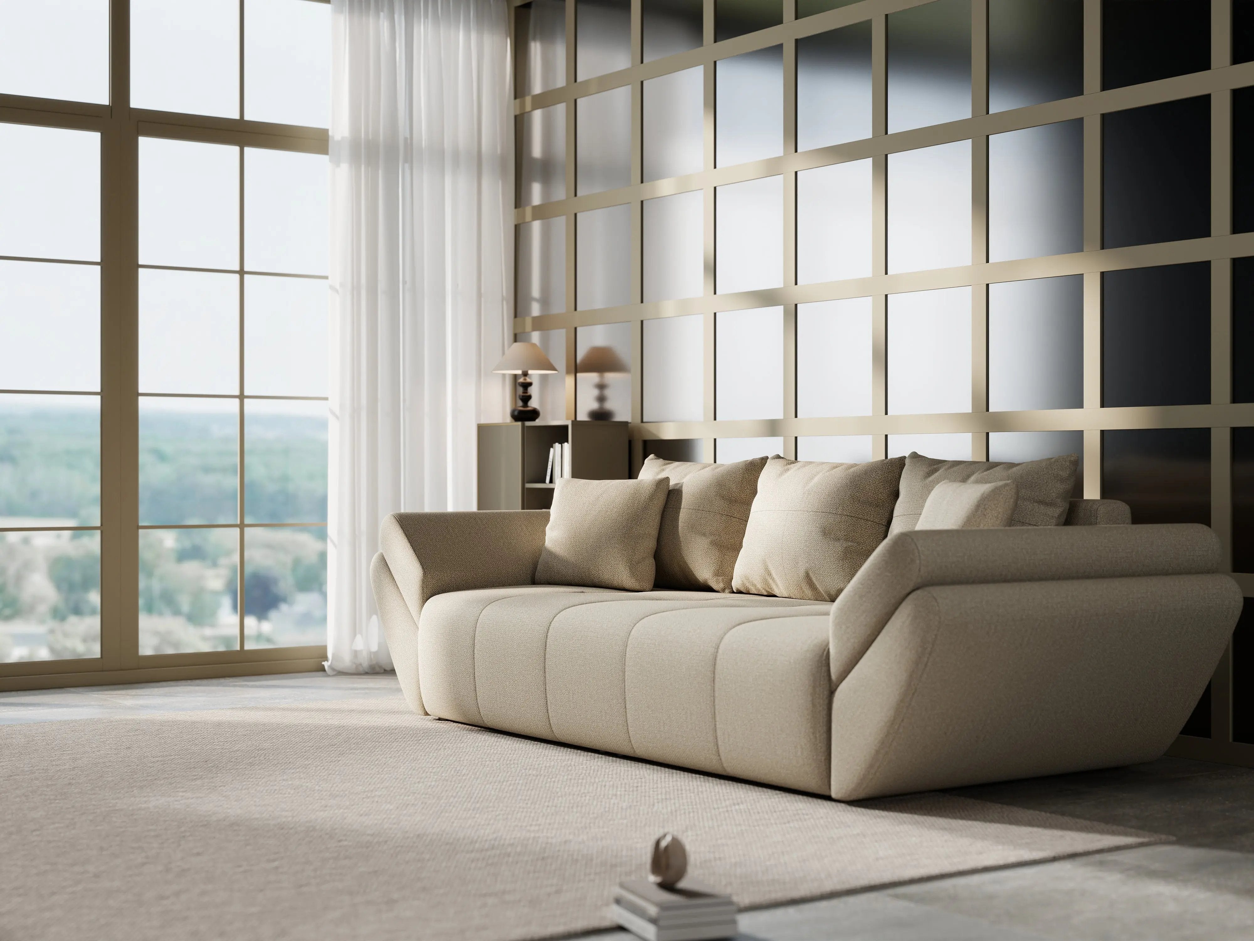 Canapea extensibilă dumonde cu ladă de depozitare si sezut confortabil din spuma HR, Berlin Enjoy Camel 250x100 cm Fabrica