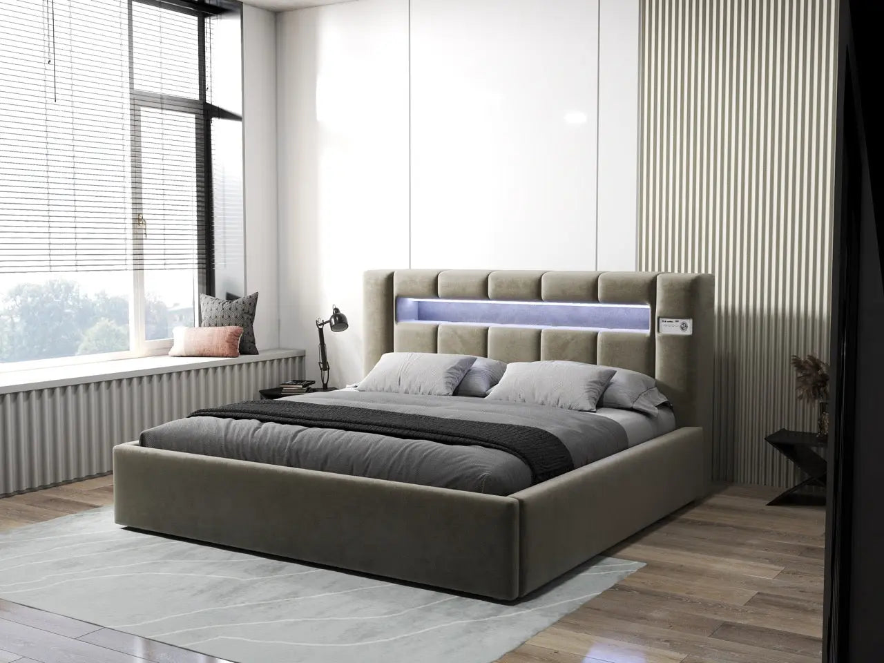 Pat dormitor dumonde, tapitat bej, Glow 160x200 cm, somiera rabatabila inclusa, spatiu depozitare WLS