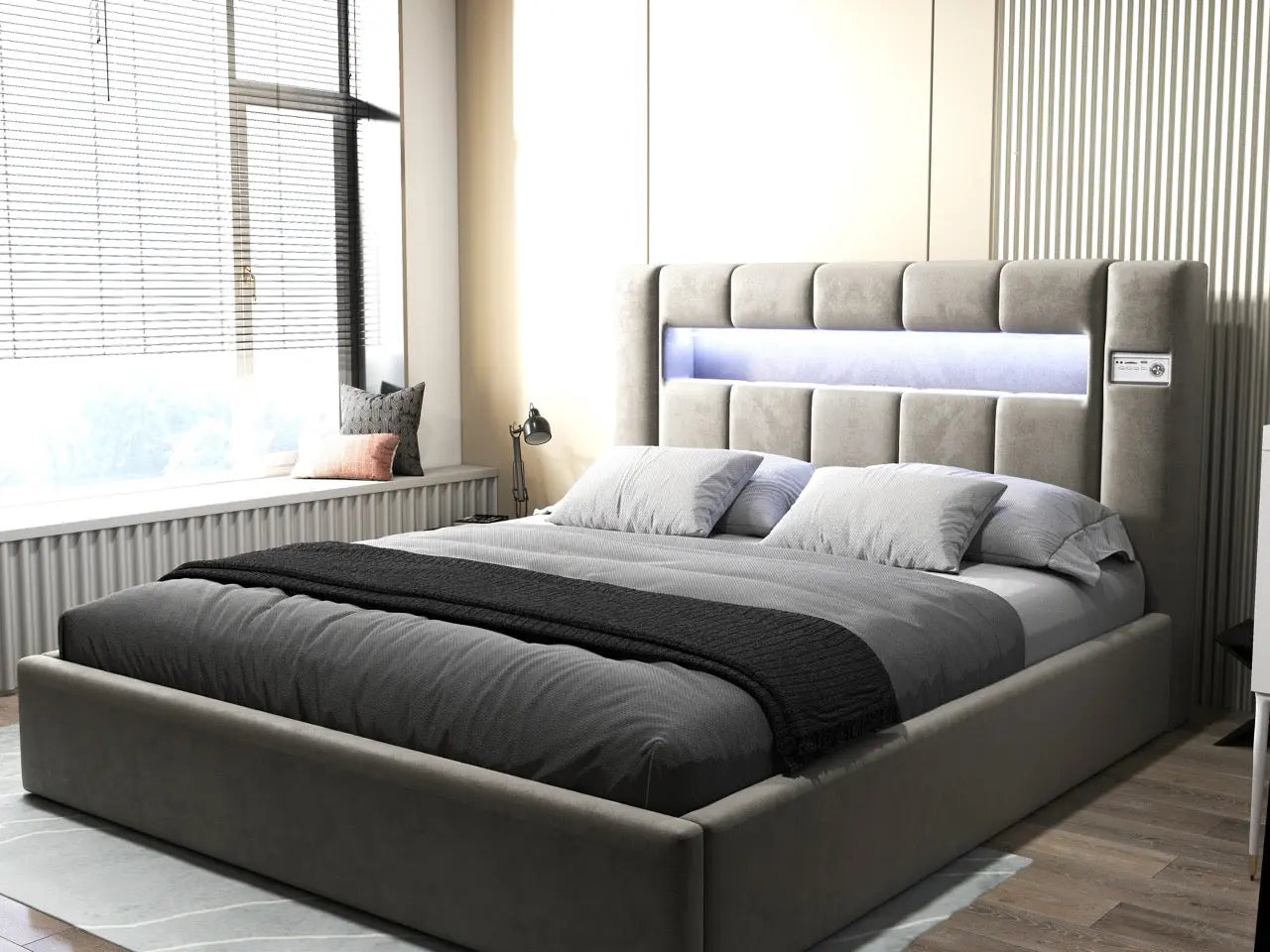 Pat dormitor dumonde, tapitat bej, Glow 180x200 cm, somiera rabatabila inclusa, spatiu depozitare WLS