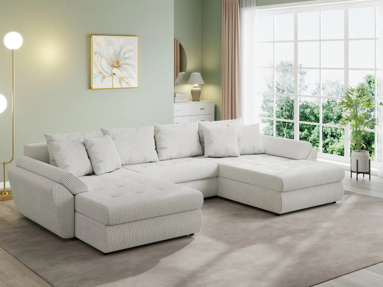 Colțar extensibil dumonde cu ladă de depozitare si sezut confortabil din spuma HR, Loana U Zoom Cream 355x185 cm Fabrica