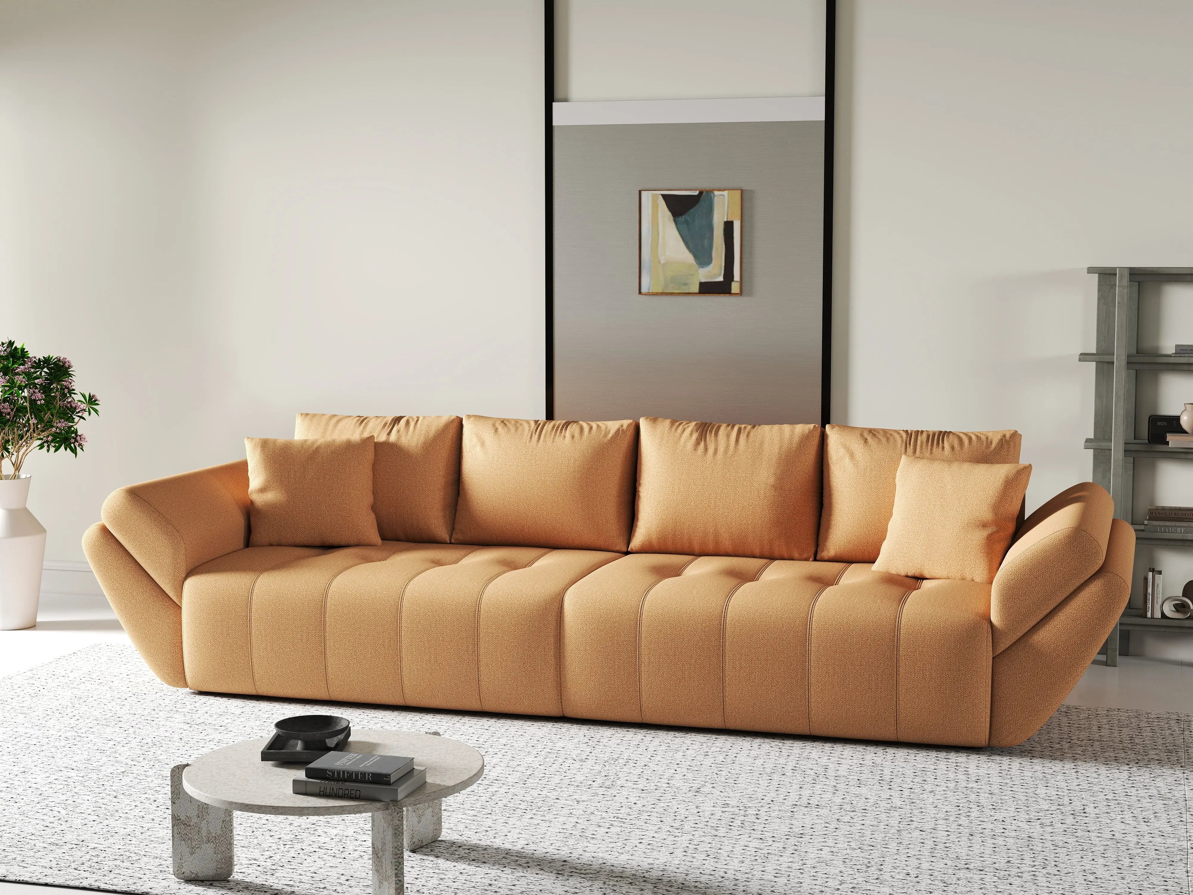 Canapea extensibilă dumonde cu ladă de depozitare si sezut confortabil din spuma HR, Berlin Enjoy Mango 300x100 cm Fabrica