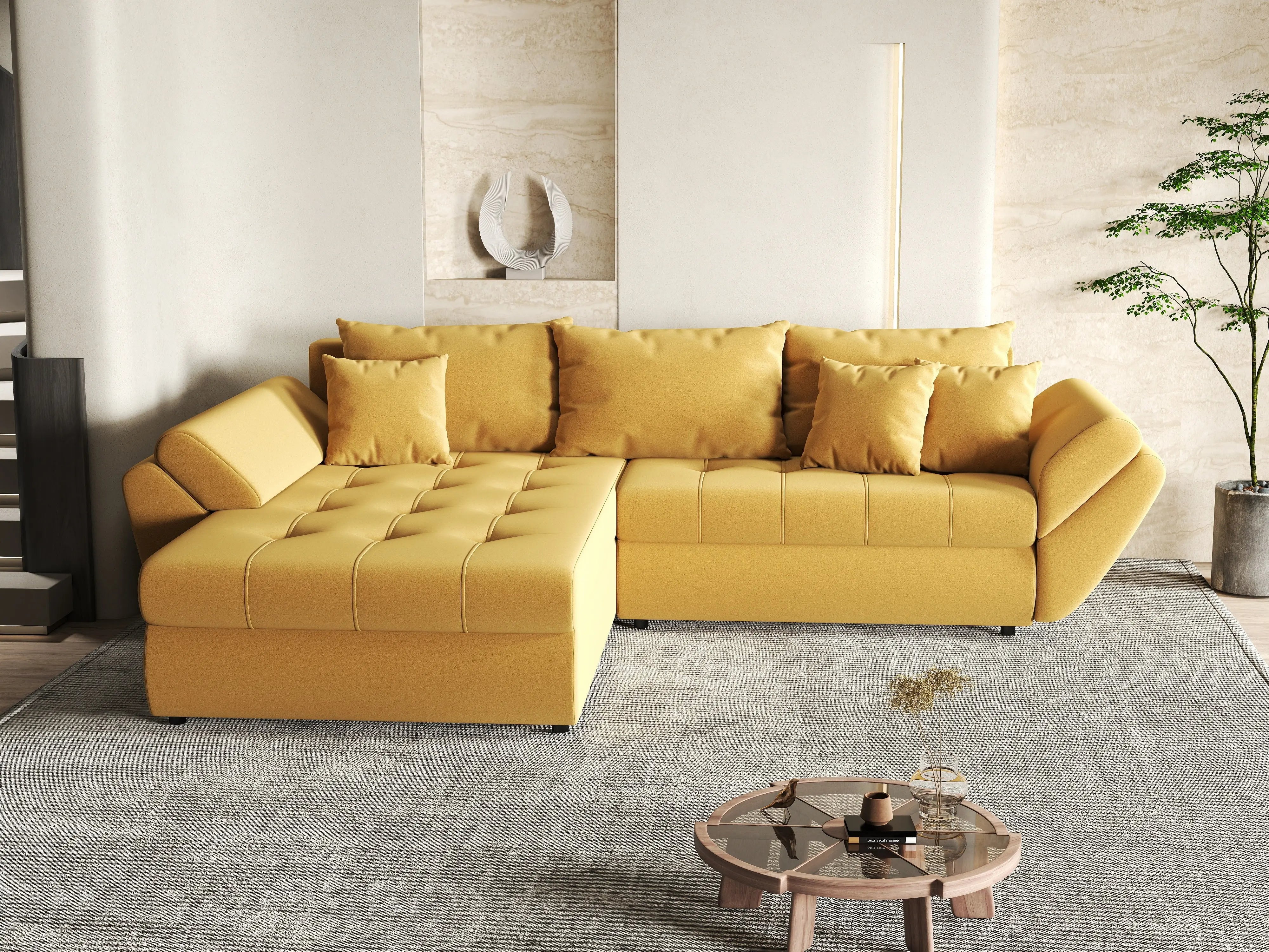 Colțar extensibil dumonde cu ladă de depozitare si sezut confortabil din spuma HR, Loana Muștar 270x185 cm Fabrica