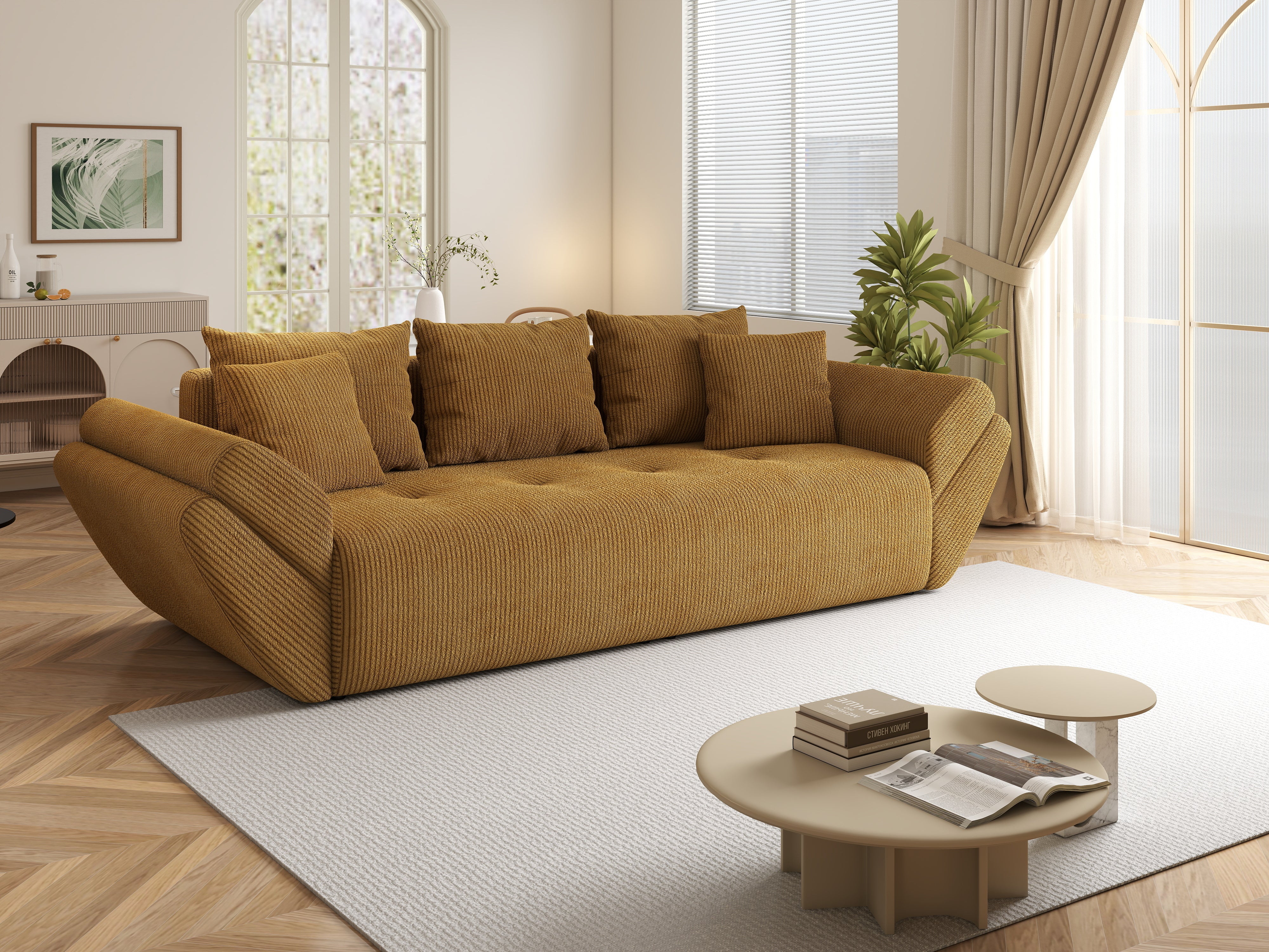Canapea extensibilă dumonde cu ladă de depozitare si sezut confortabil din spuma HR, Berlin Zoom Mustar 250x100 cm Fabrica