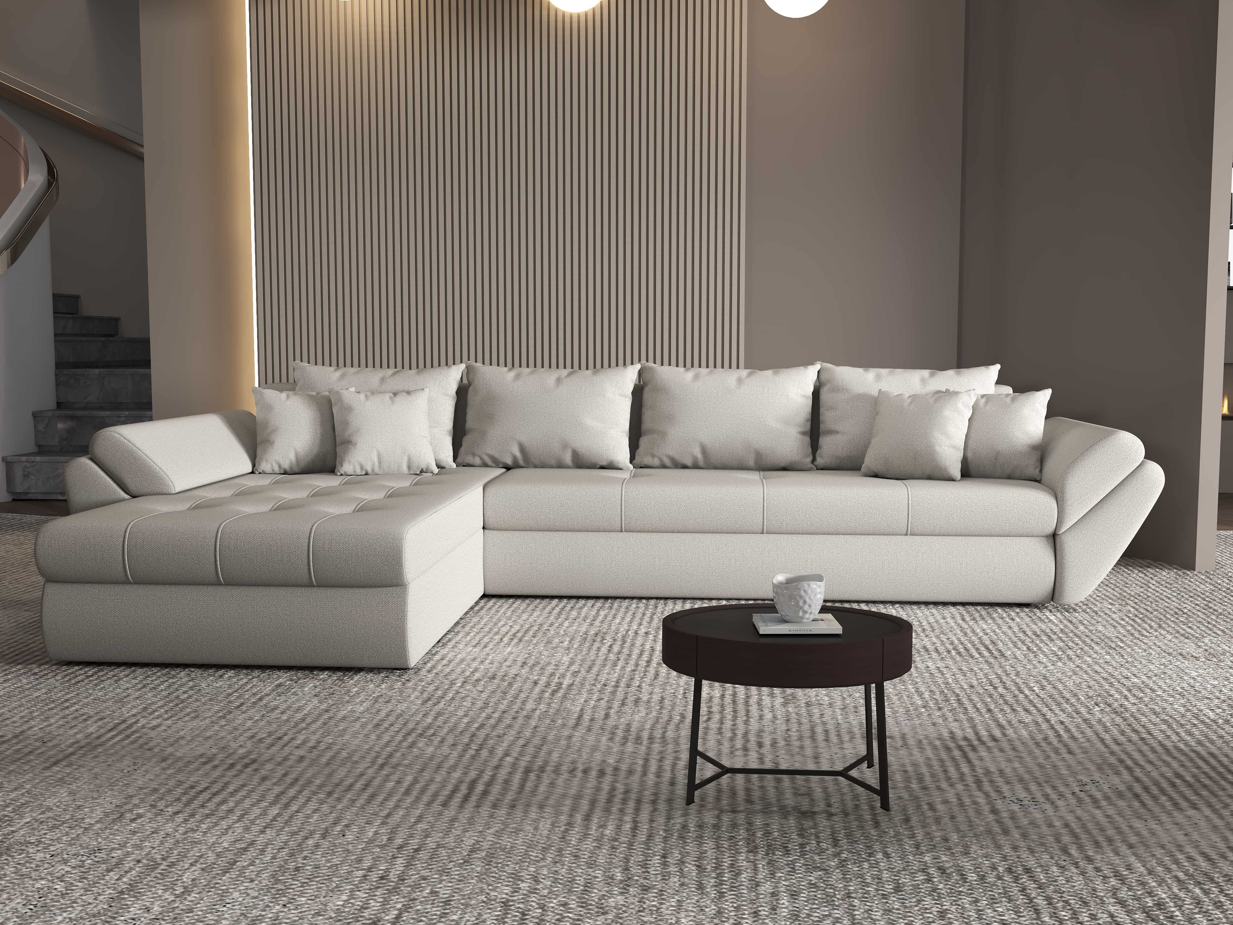 Colțar extensibil dumonde cu ladă de depozitare si sezut confortabil din spuma HR, Loana XL Enjoy Beige 335x185 cm Fabrica