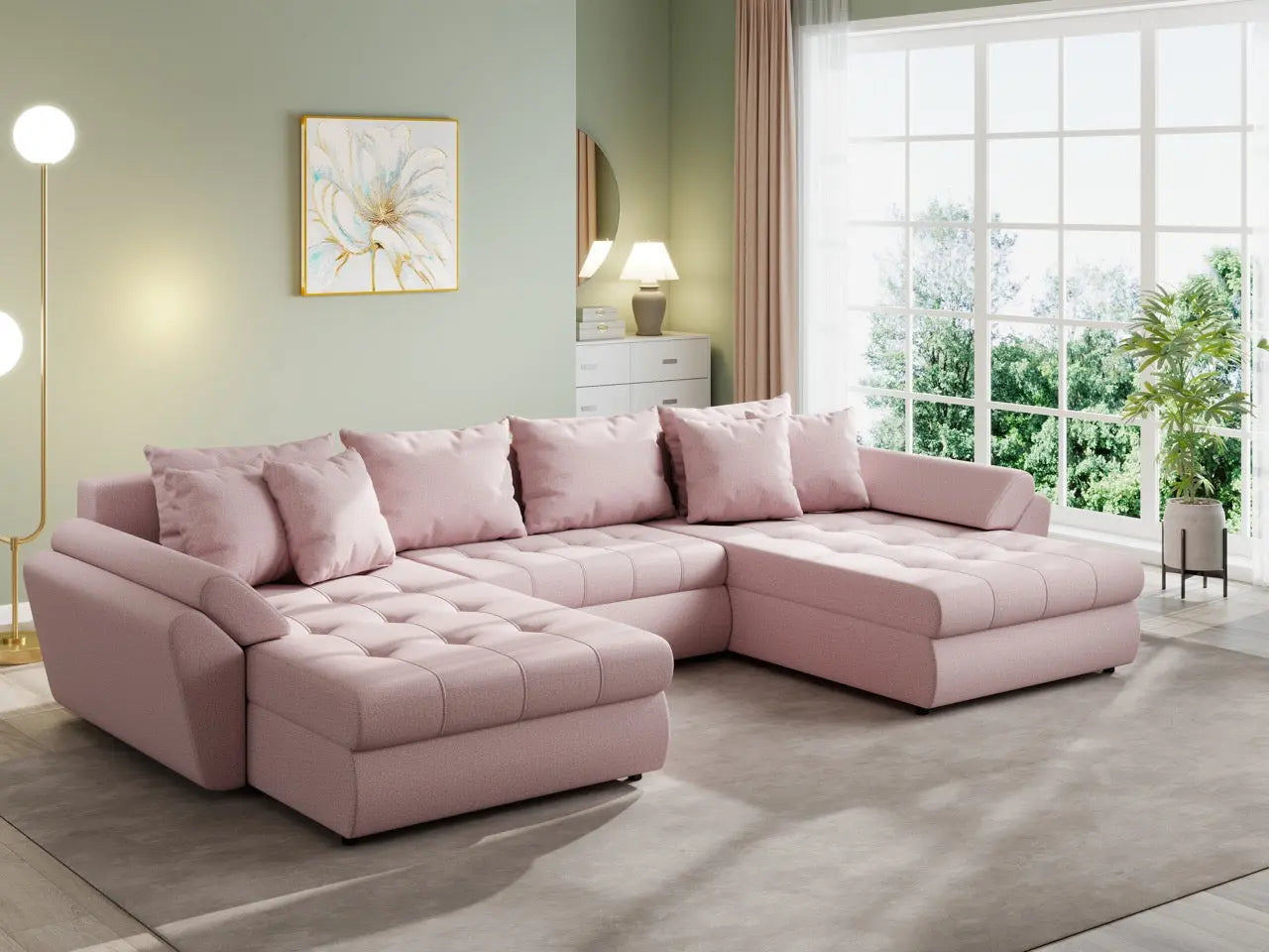 Colțar extensibil dumonde cu ladă de depozitare si sezut confortabil din spuma HR, Loana U Enjoy Flamingo 355x185 cm Fabrica