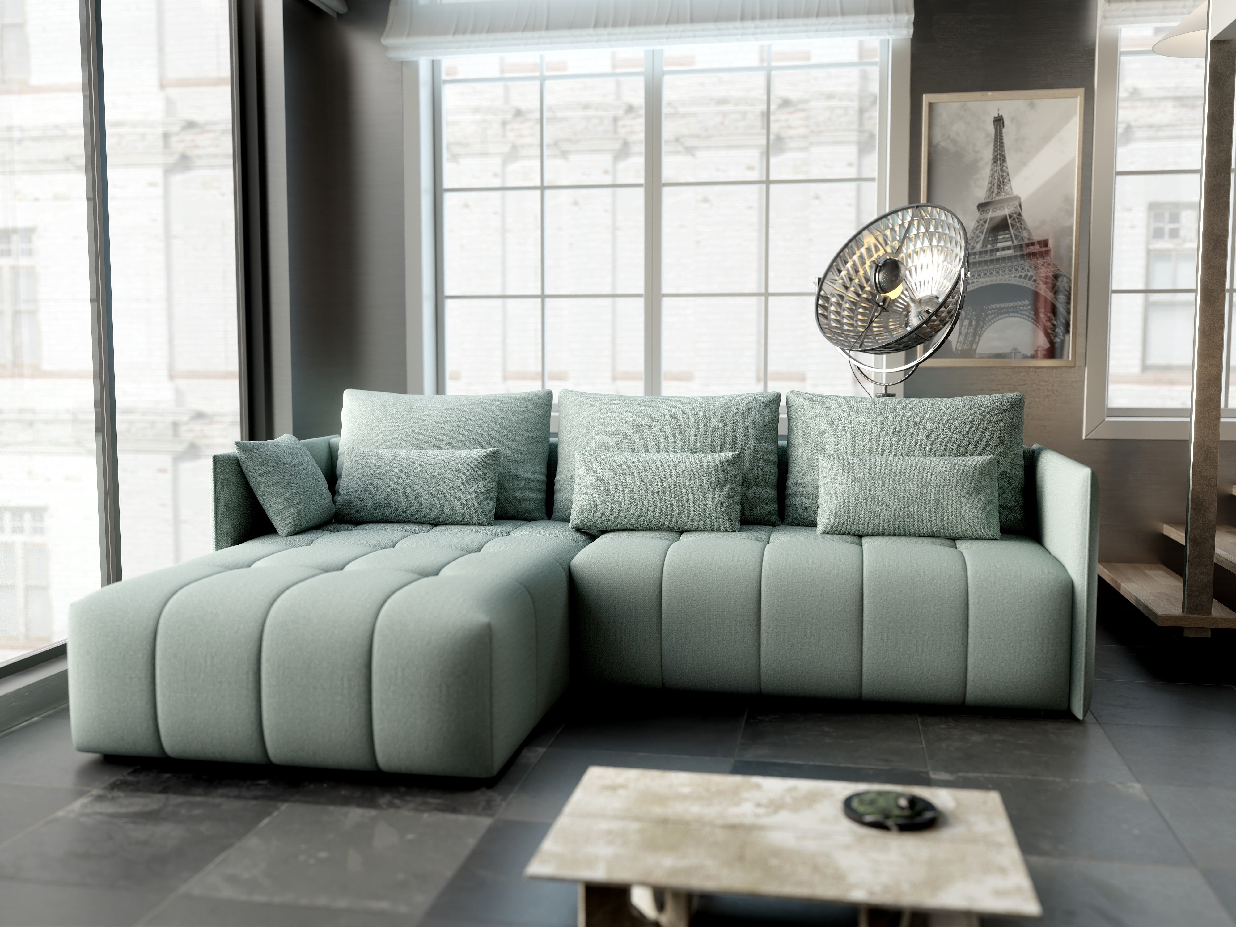 Colțar extensibil dumonde cu ladă de depozitare si sezut confortabil din spuma HR, Malta Enjoy Mint 235x185 cm Fabrica