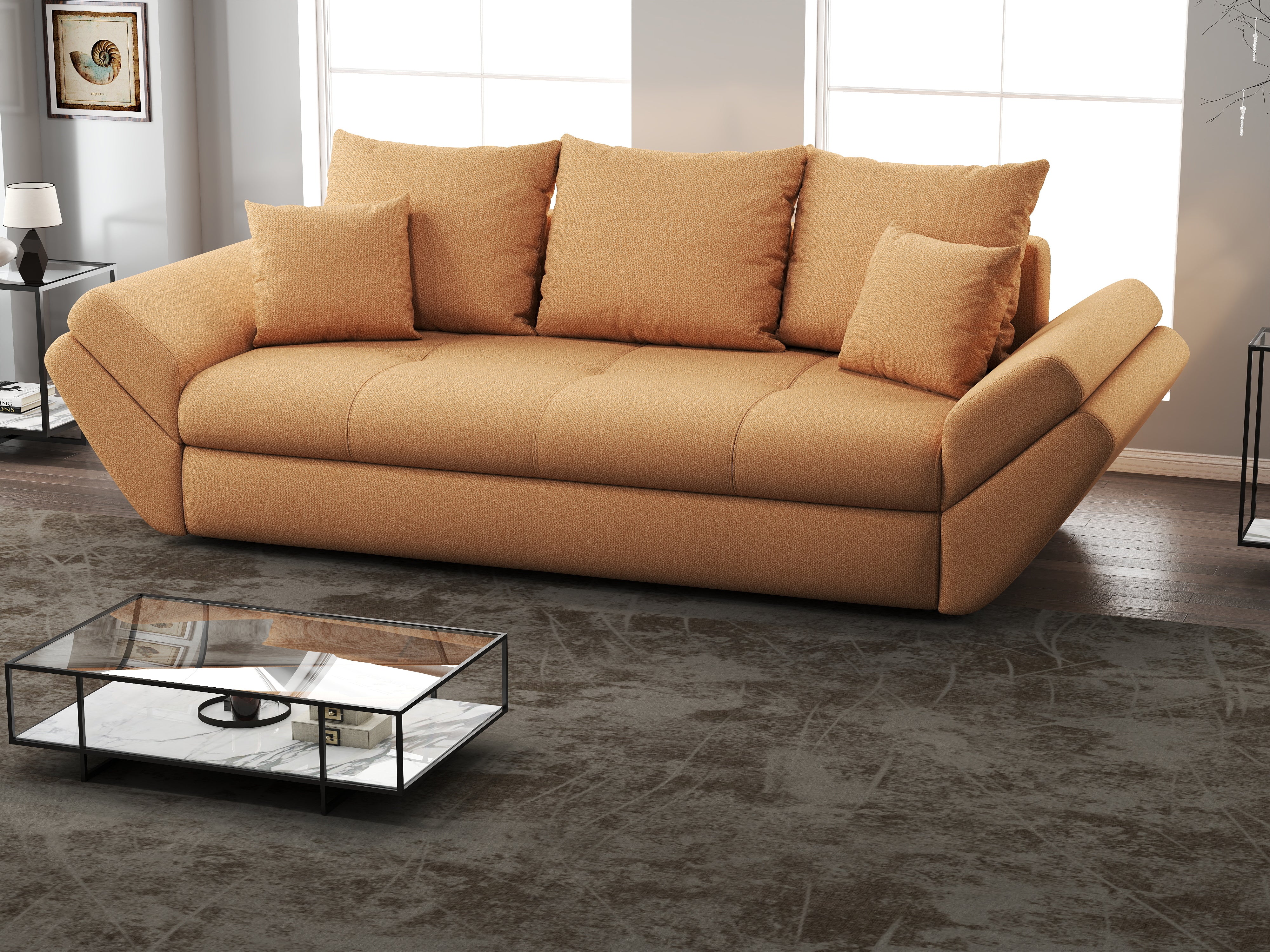 Canapea extensibilă dumonde cu ladă de depozitare si sezut confortabil din spuma HR, Loana Enjoy Mango 250x100 cm Fabrica