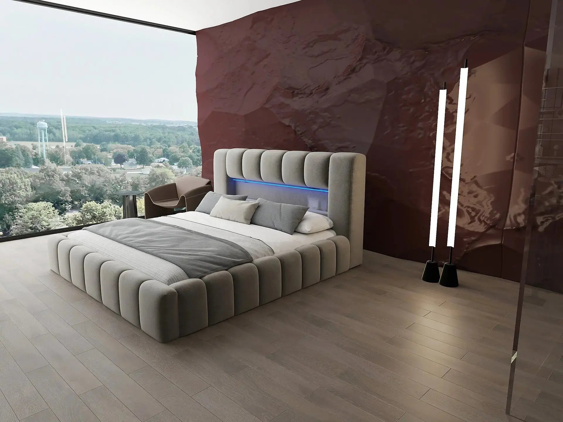 Pat dormitor dumonde, tapitat bej cu LED si USB, Palermo 160x200 cm, somiera rabatabila inclusa, spatiu depozitare WLS