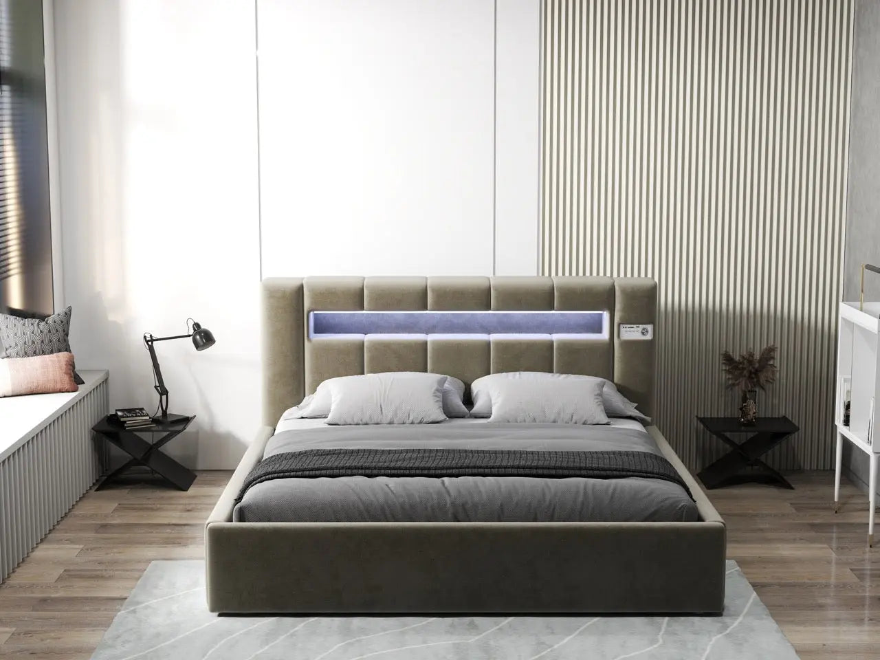 Pat dormitor dumonde, tapitat bej, Glow 160x200 cm, somiera rabatabila inclusa, spatiu depozitare WLS