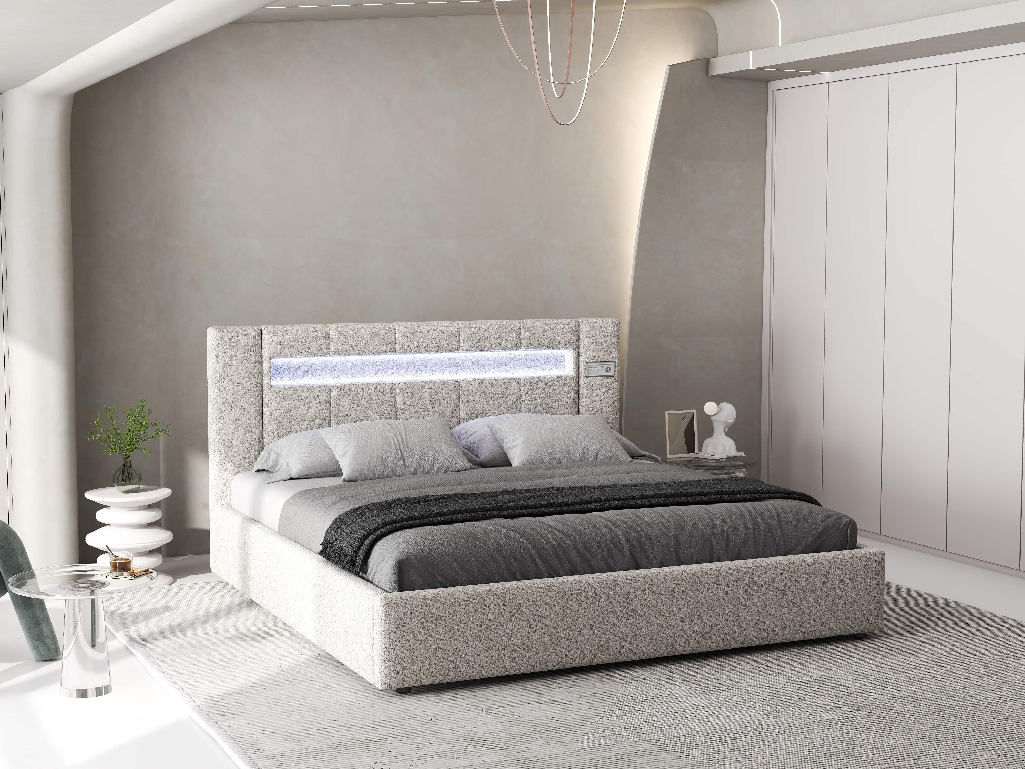 Pat dormitor dumonde, tapitat bej, Glow 160x200 cm, somiera rabatabila inclusa, spatiu depozitare WLS