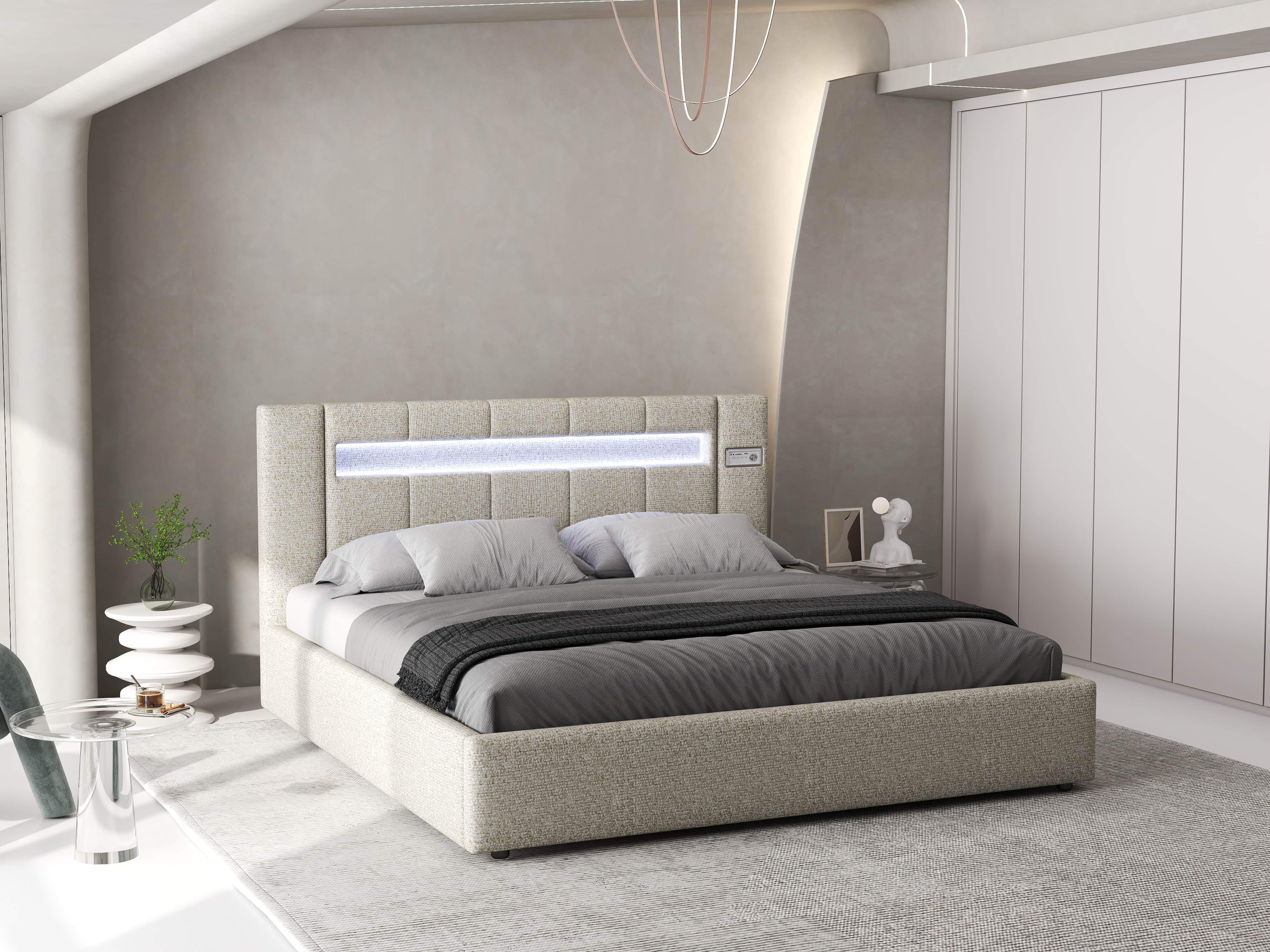 Pat dormitor dumonde, tapitat gri, Glow 180x200 cm, somiera rabatabila inclusa, spatiu depozitare WLS
