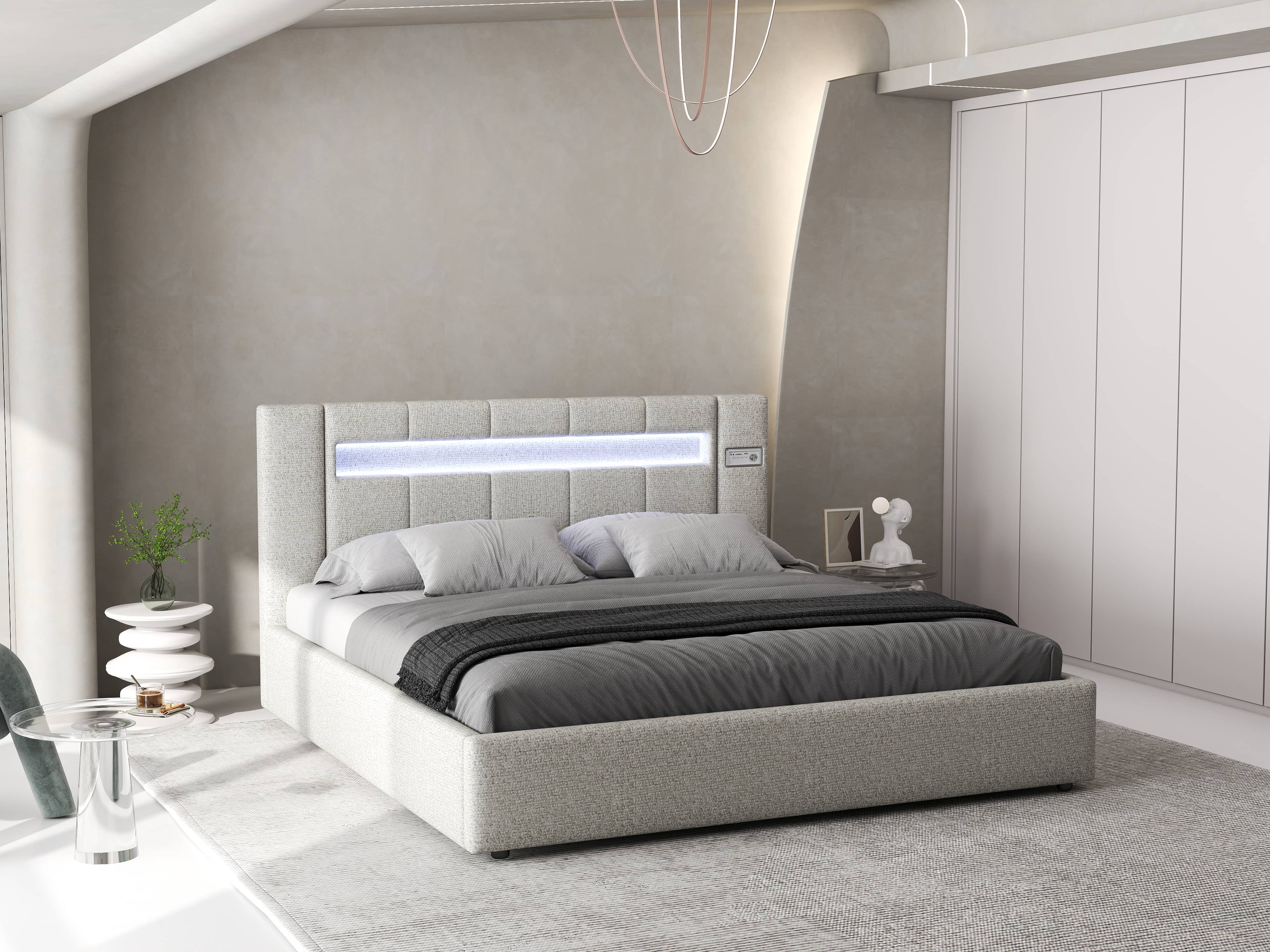 Pat dormitor dumonde, tapitat gri, Glow 160x200 cm, somiera rabatabila inclusa, spatiu depozitare WLS