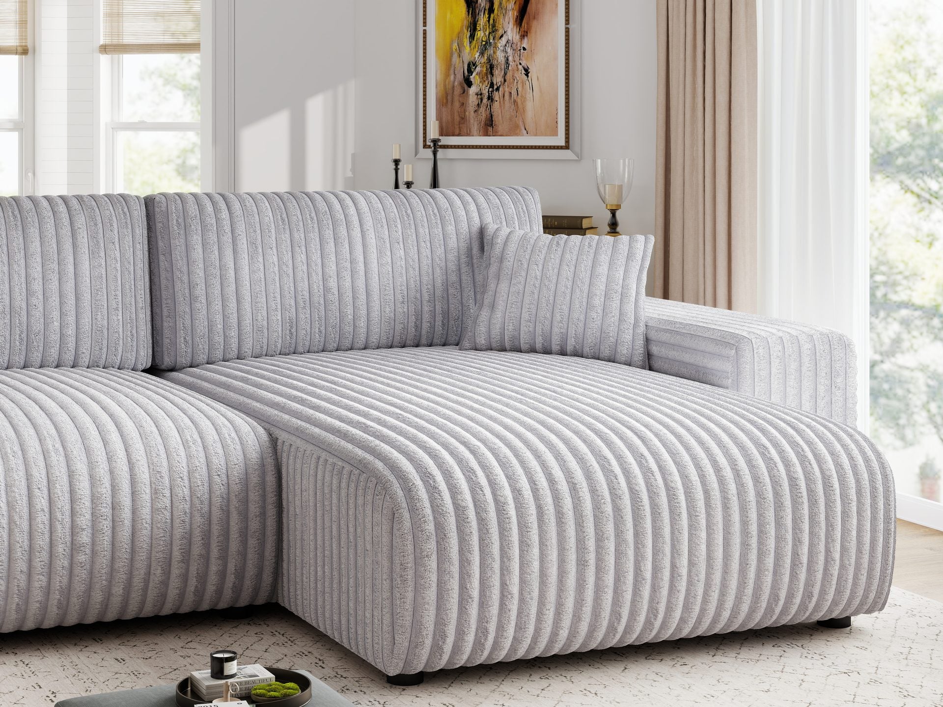 Dumonde kihúzható sarokkanapé tárolórekesszel és kényelmes, nagy sűrűségű habszivacs ülőfelülettel, Justin Tilia gri 294x144 cm