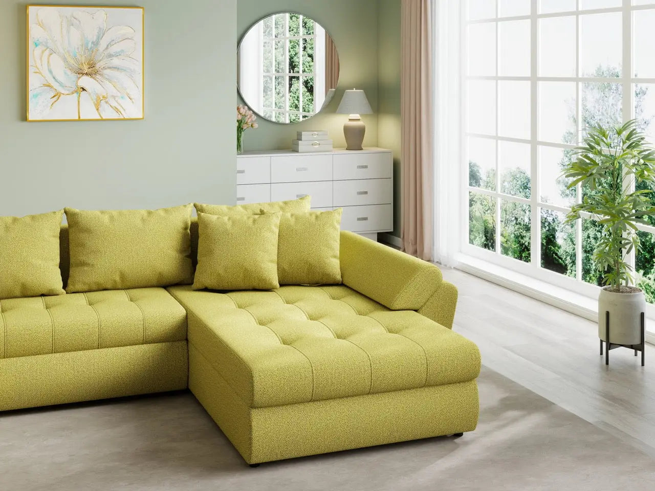 Colțar extensibil dumonde cu ladă de depozitare si sezut confortabil din spuma HR, Loana U Enjoy Green 355x185 cm Fabrica