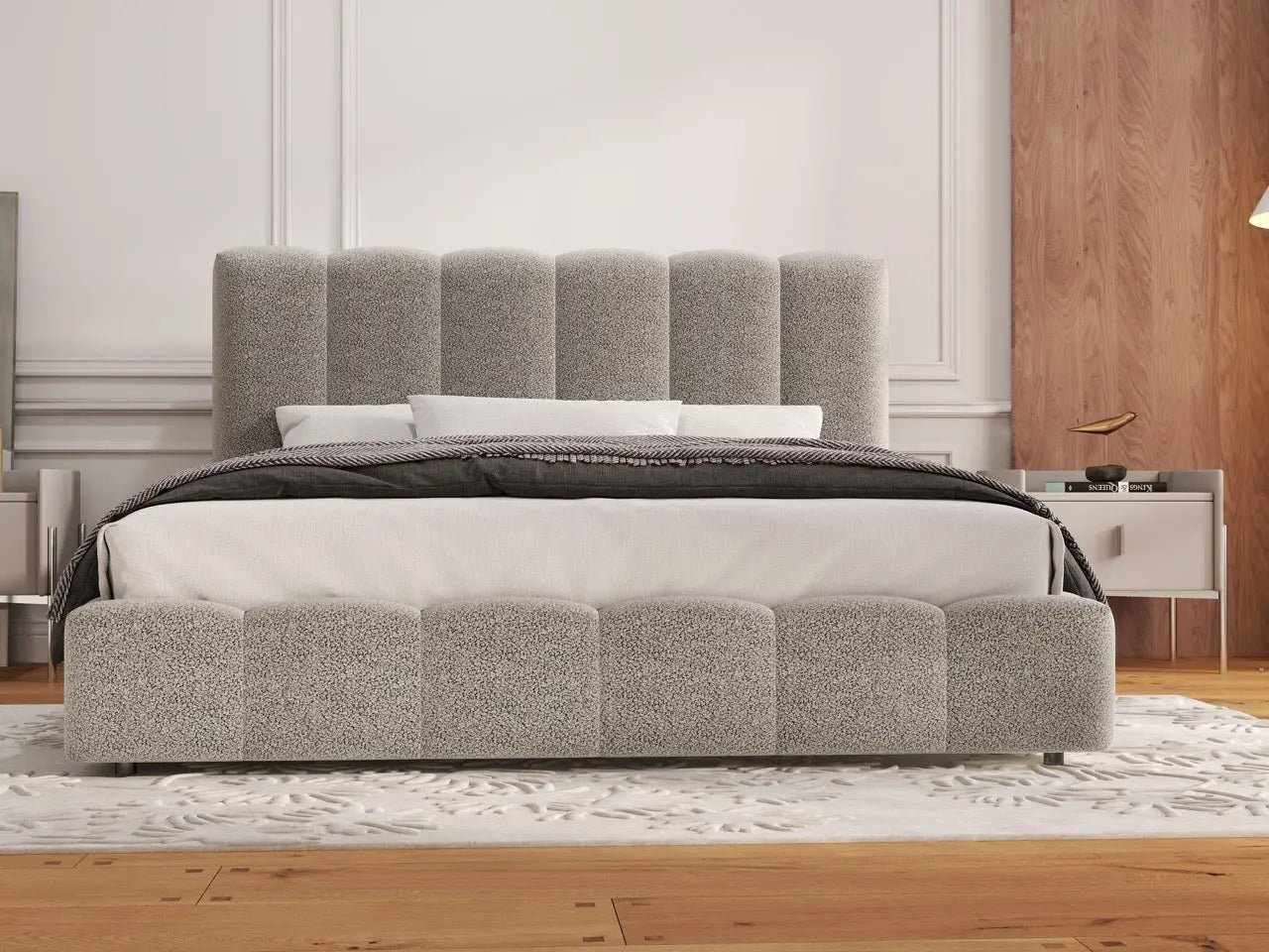 Pat dormitor dumonde, tapitat gri, Milano 180x200 cm, somiera rabatabila inclusa, spatiu depozitare WLS