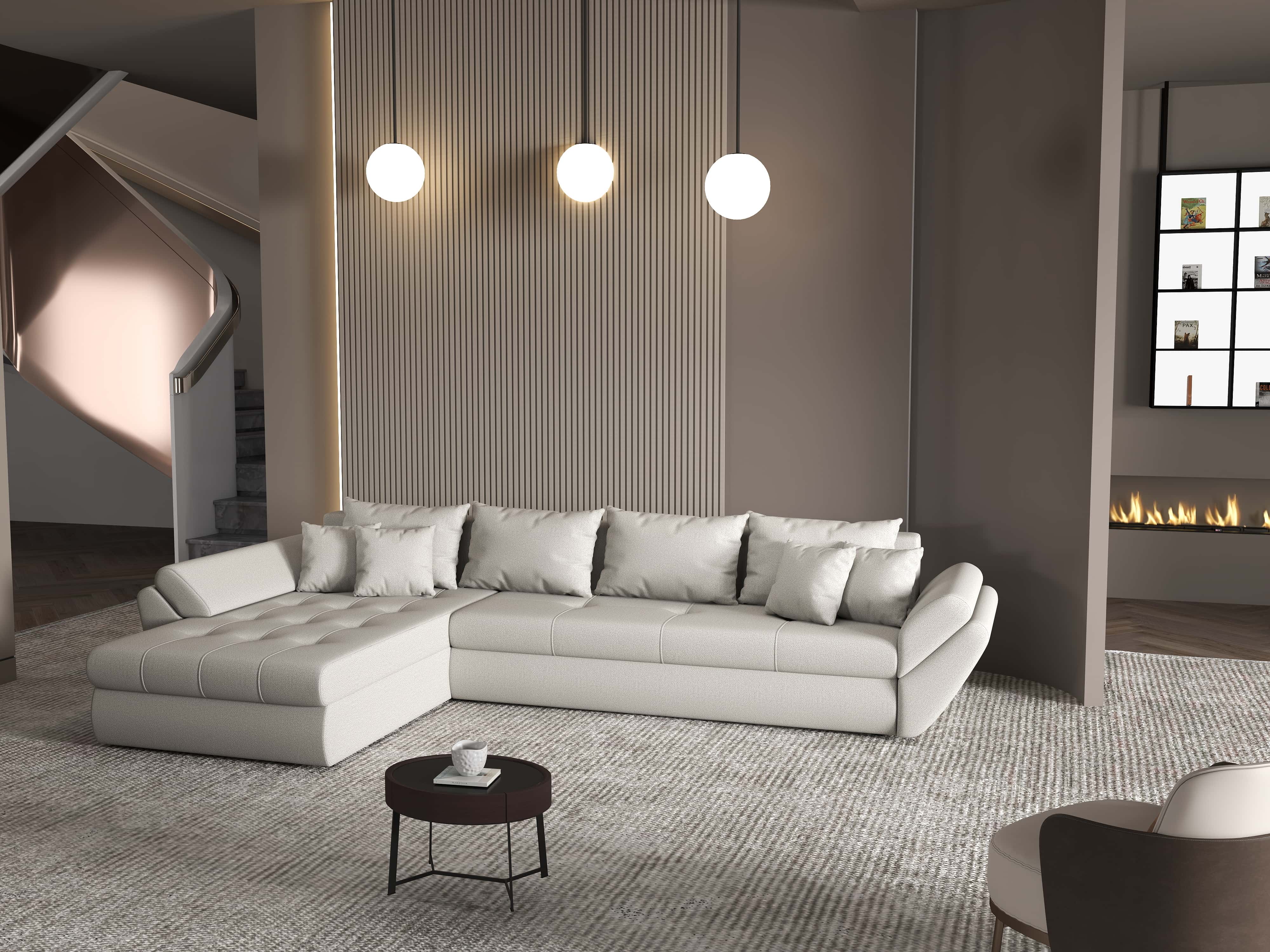 Colțar extensibil dumonde cu ladă de depozitare si sezut confortabil din spuma HR, Loana XL Enjoy Beige 335x185 cm Fabrica