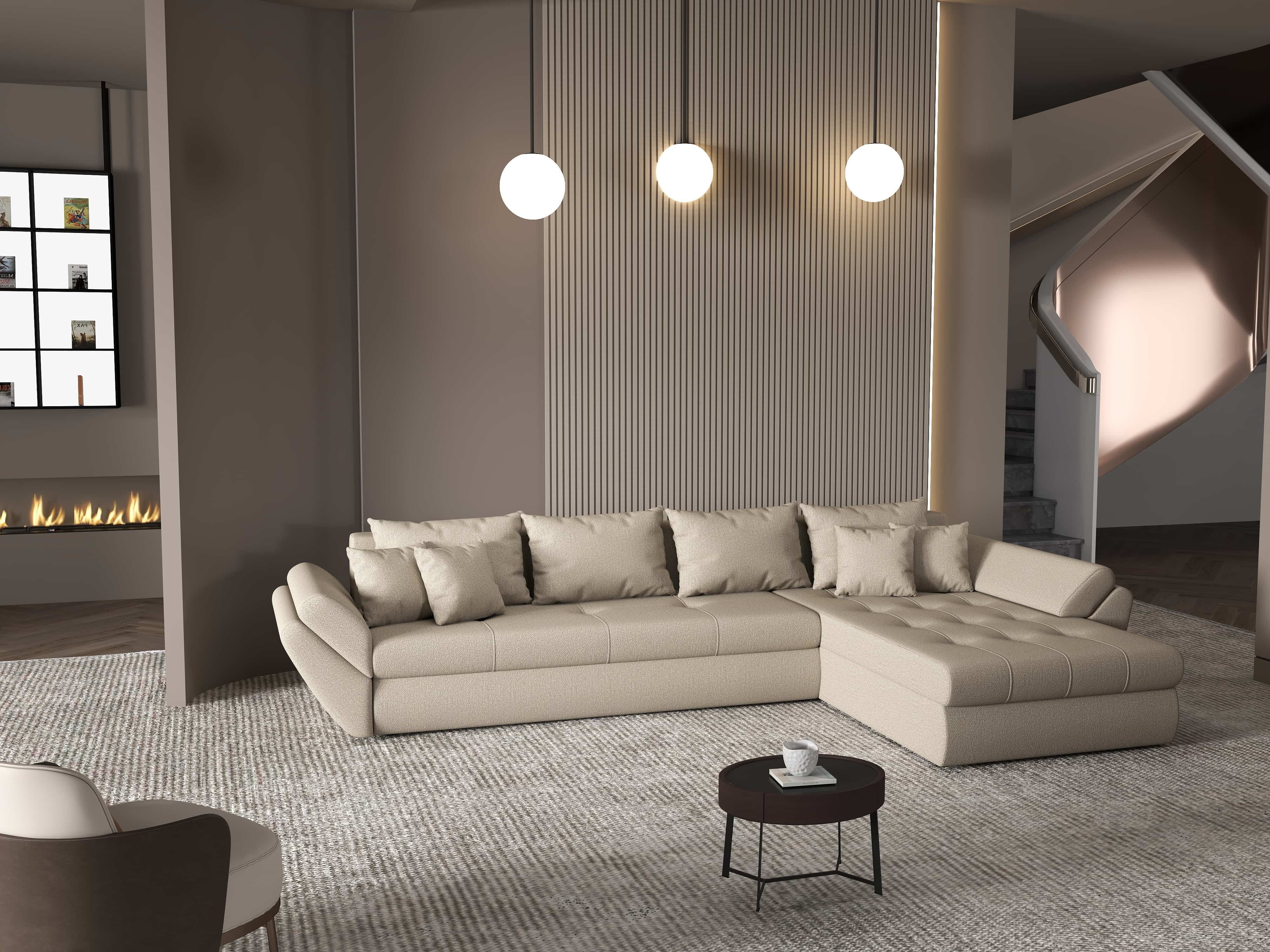 Colțar extensibil dumonde cu ladă de depozitare si sezut confortabil din spuma HR, Loana XL Enjoy Camel II 335x185 cm Fabrica