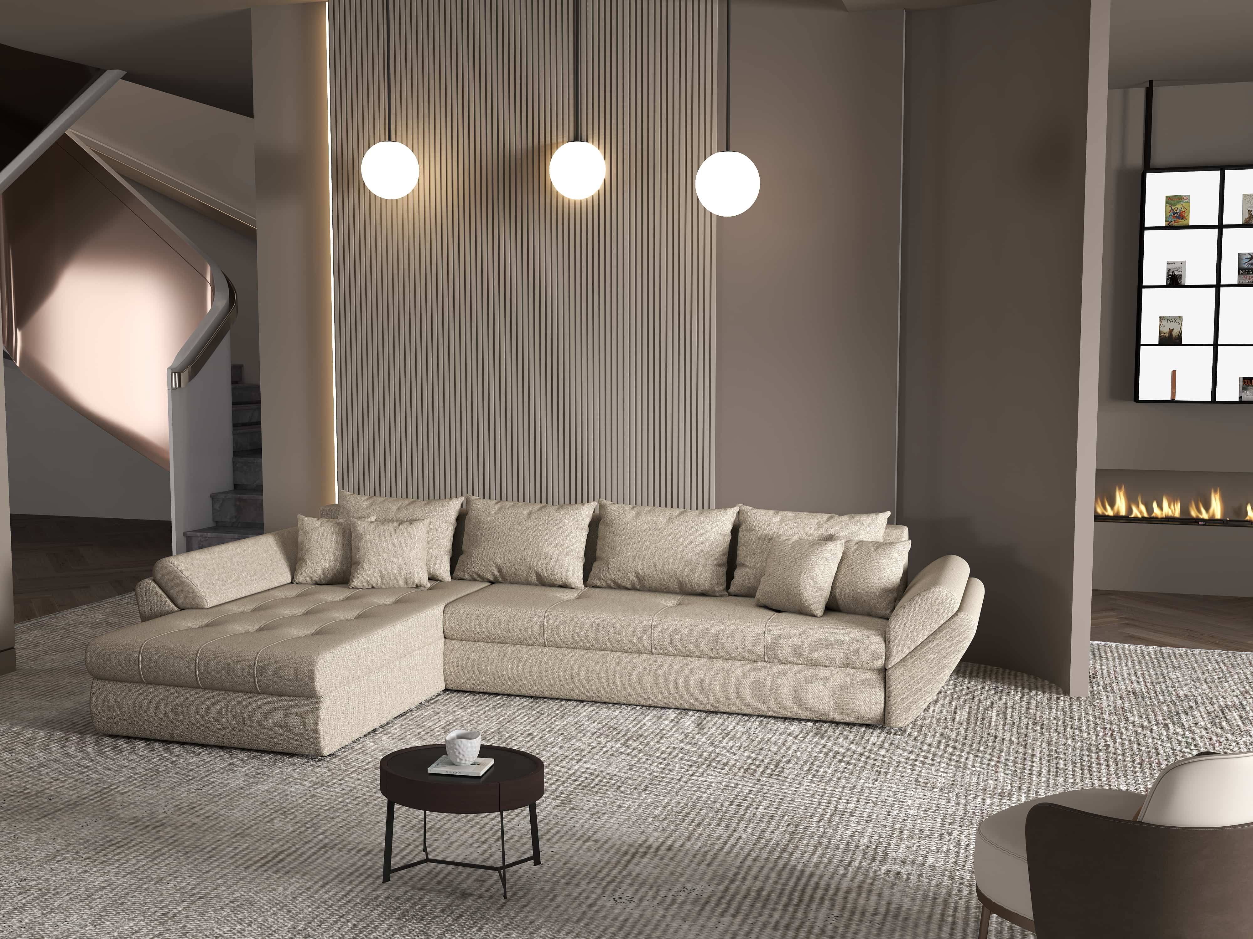 Colțar extensibil dumonde cu ladă de depozitare si sezut confortabil din spuma HR, Loana XL Enjoy Camel 335x185 cm Fabrica