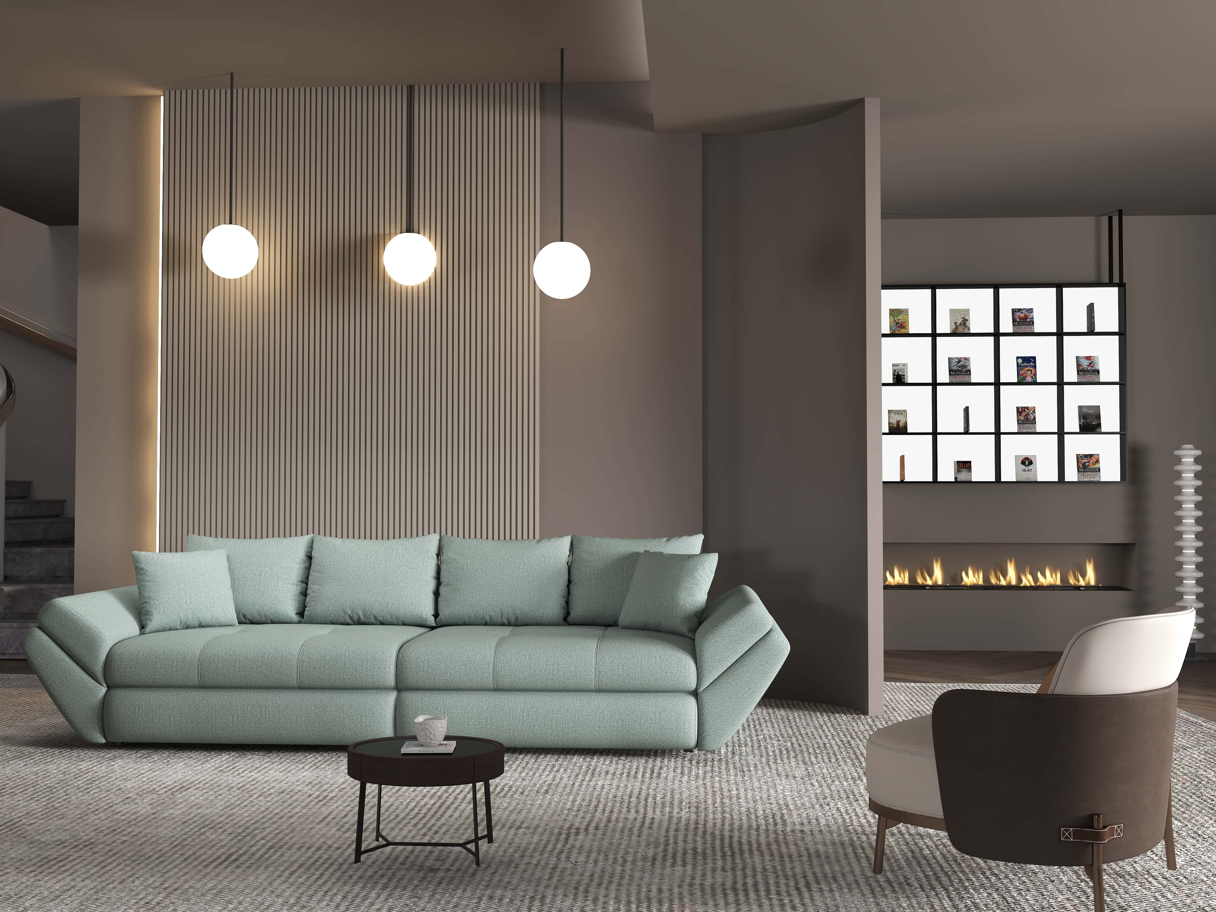 Canapea extensibilă dumonde cu ladă de depozitare si sezut confortabil din spuma HR, Loana Enjoy Mint 300x100 cm Fabrica