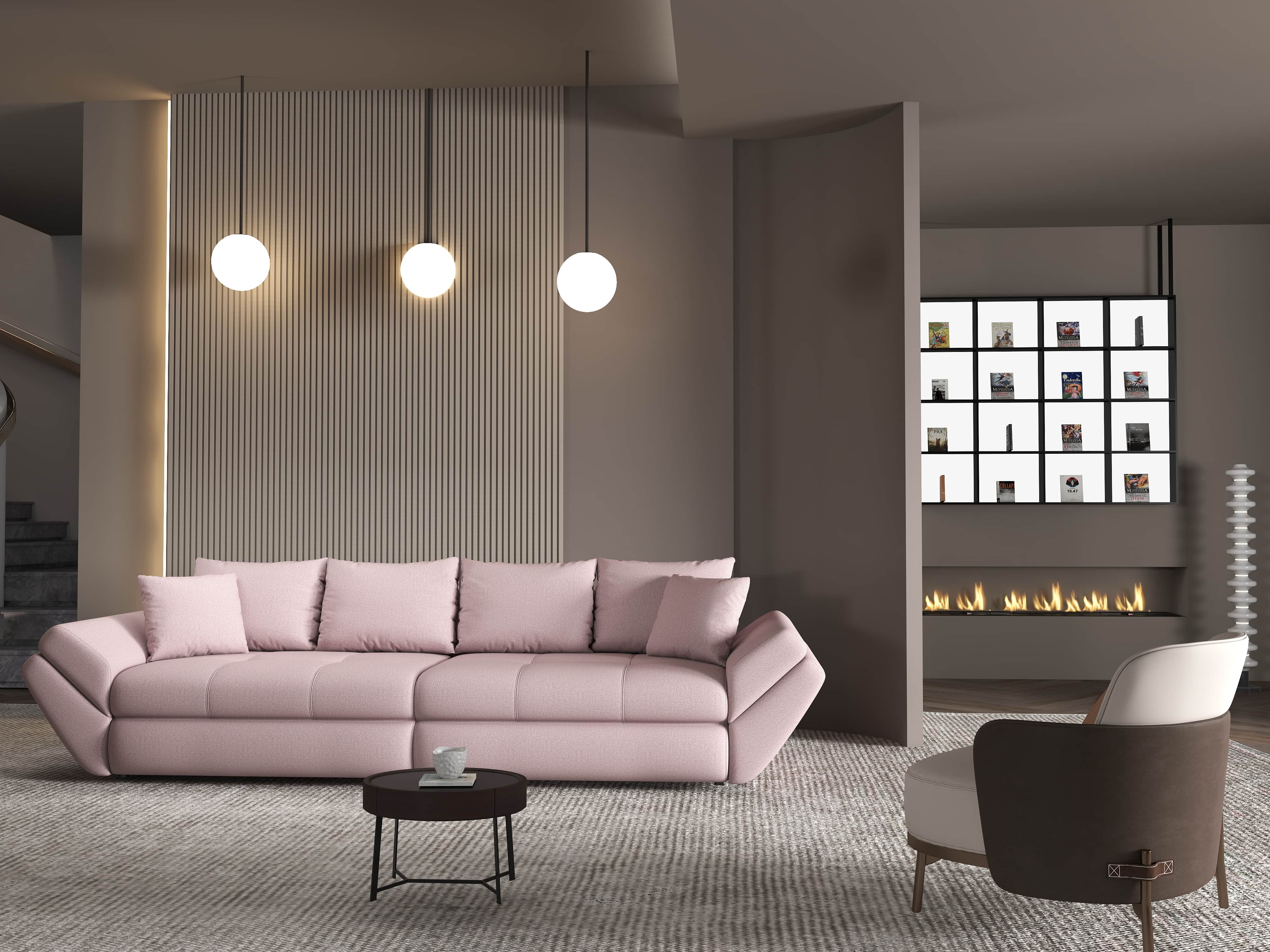 Canapea extensibilă dumonde cu ladă de depozitare si sezut confortabil din spuma HR, Loana Enjoy Roz 300x100 cm Fabrica